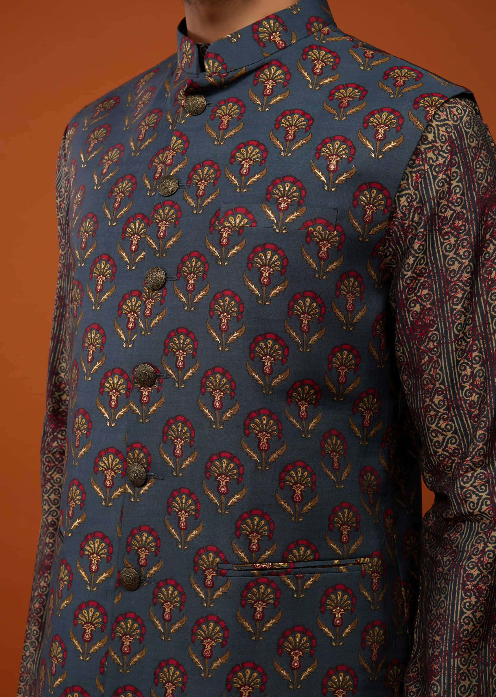 Teal Blue Floral Printed Bandi Jacket Set In Cotton Silk