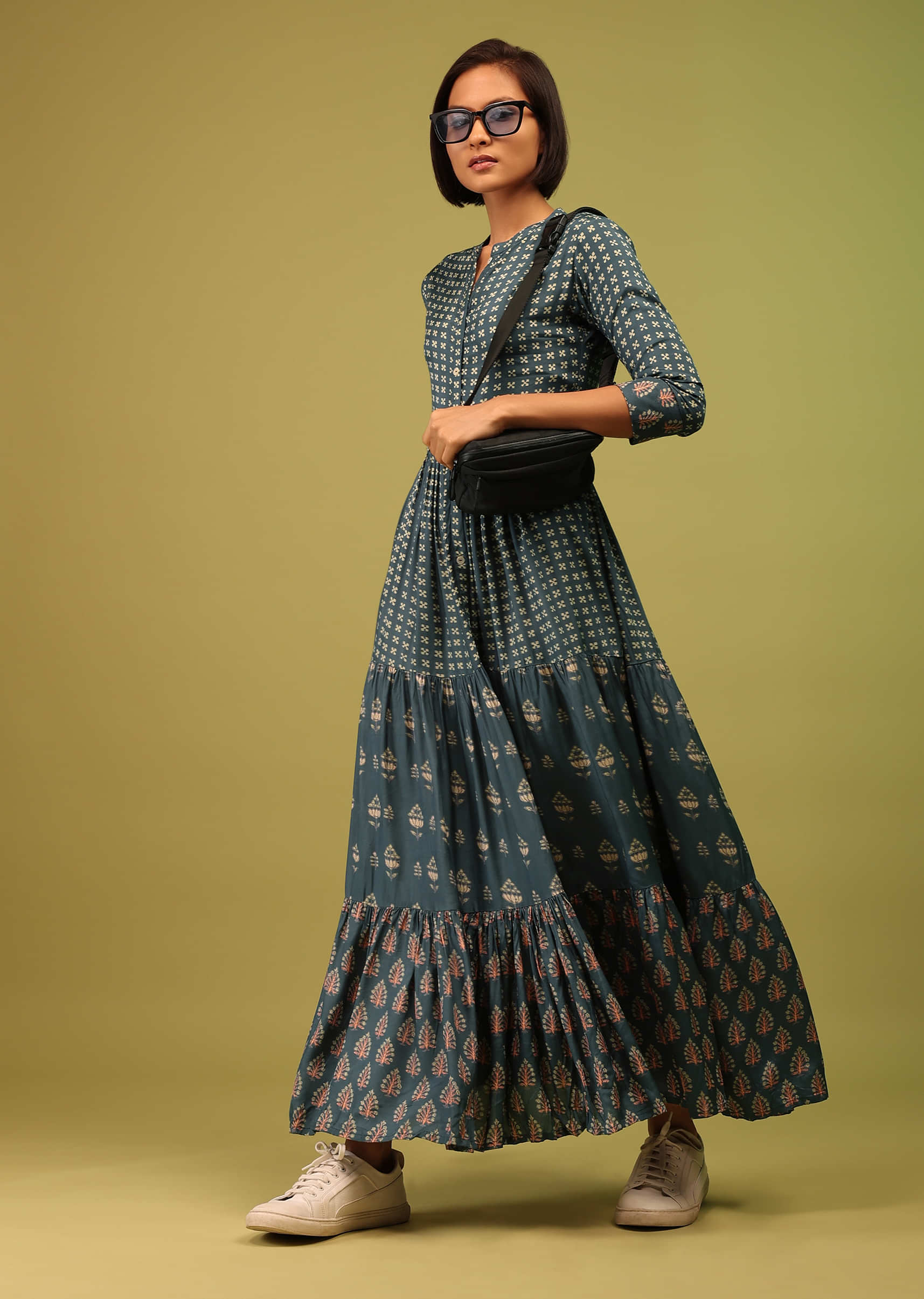Mallard Blue Mandarin Tiered Dress In Cotton Silk With Floral Print & Mock Placket Online - RE By Kalki