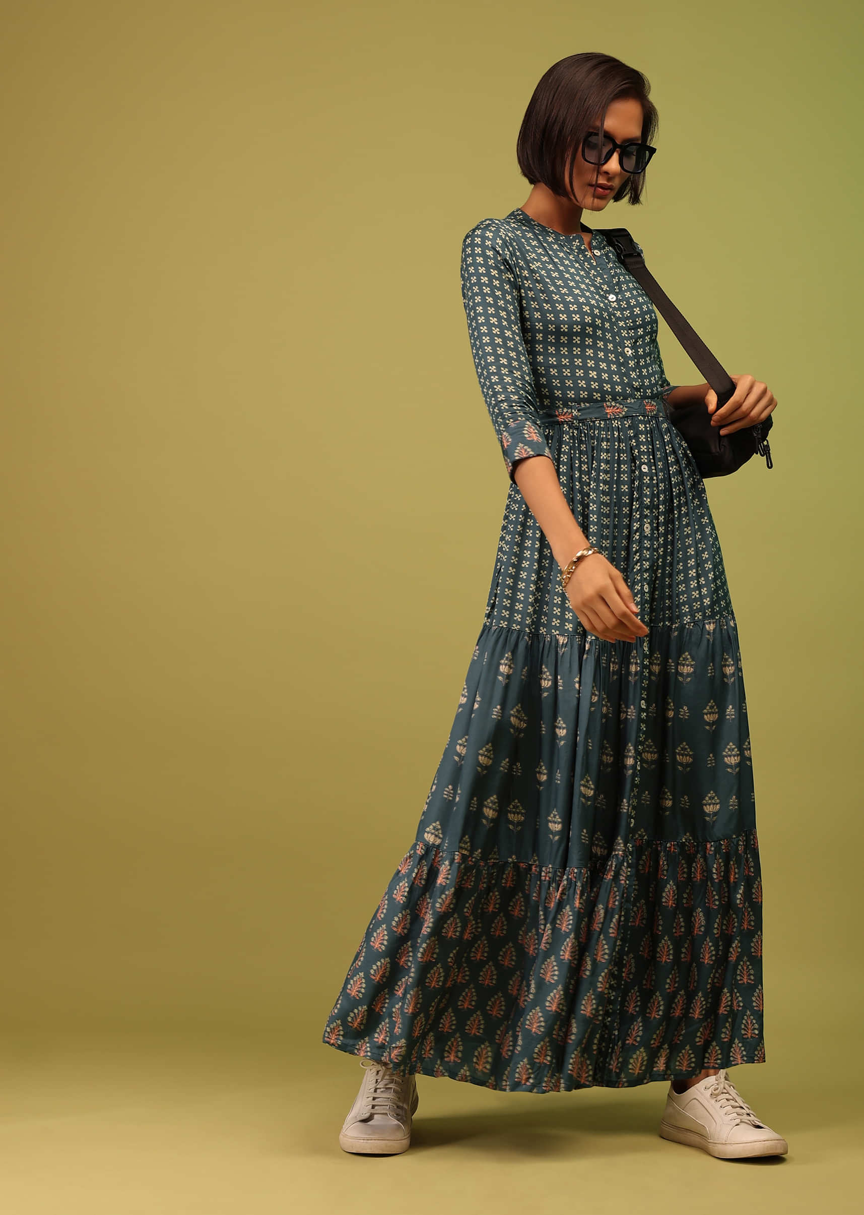 Indigo Blue Mandarin Tiered Dress In Cotton Silk With Floral Print And Mock Placket Online - RE By Kalki