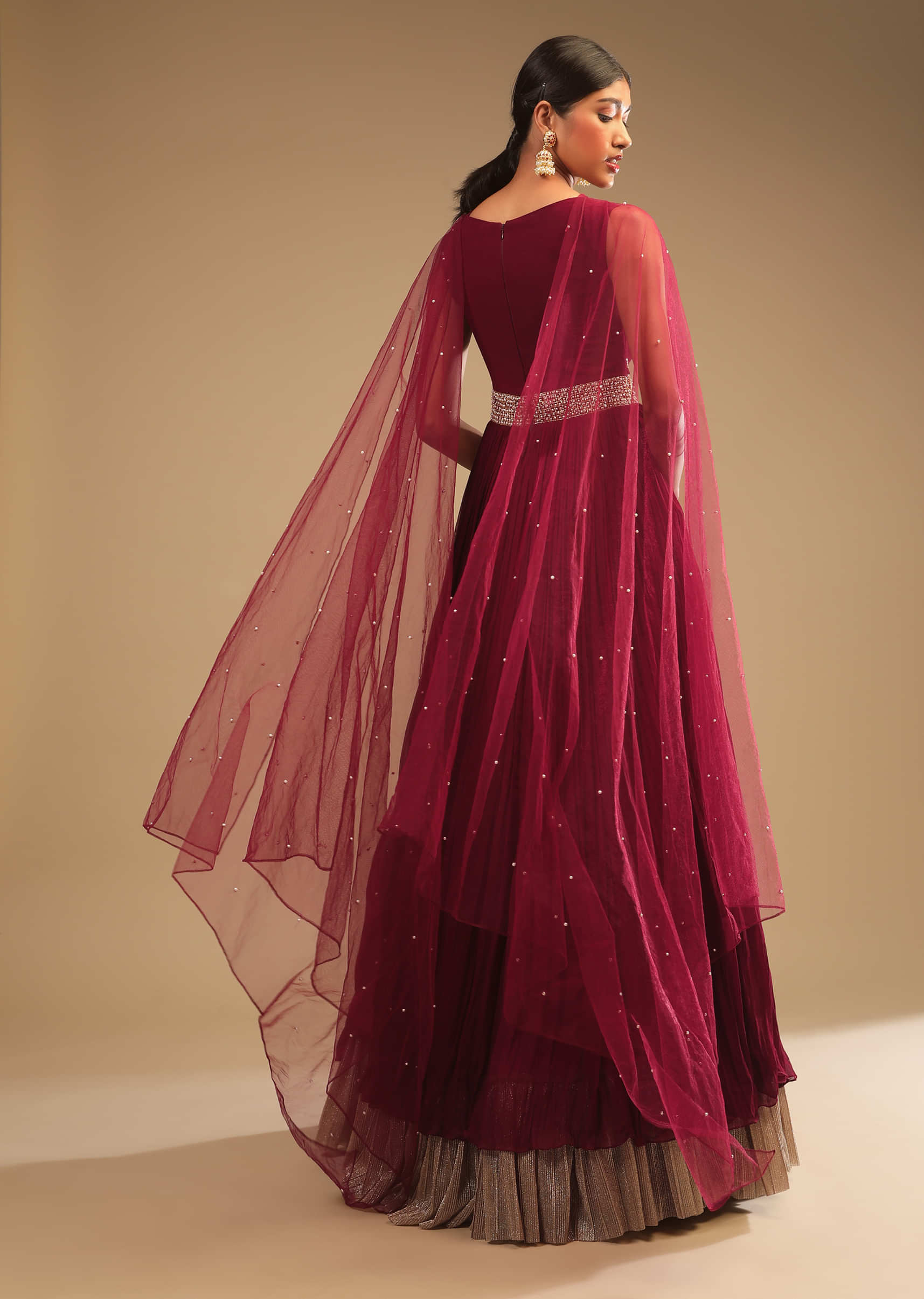 Maroon Anarkali Suit In Georgette With Cut Dana And Moti Embroidered Bodice And Metallic Frill On The Hemline  