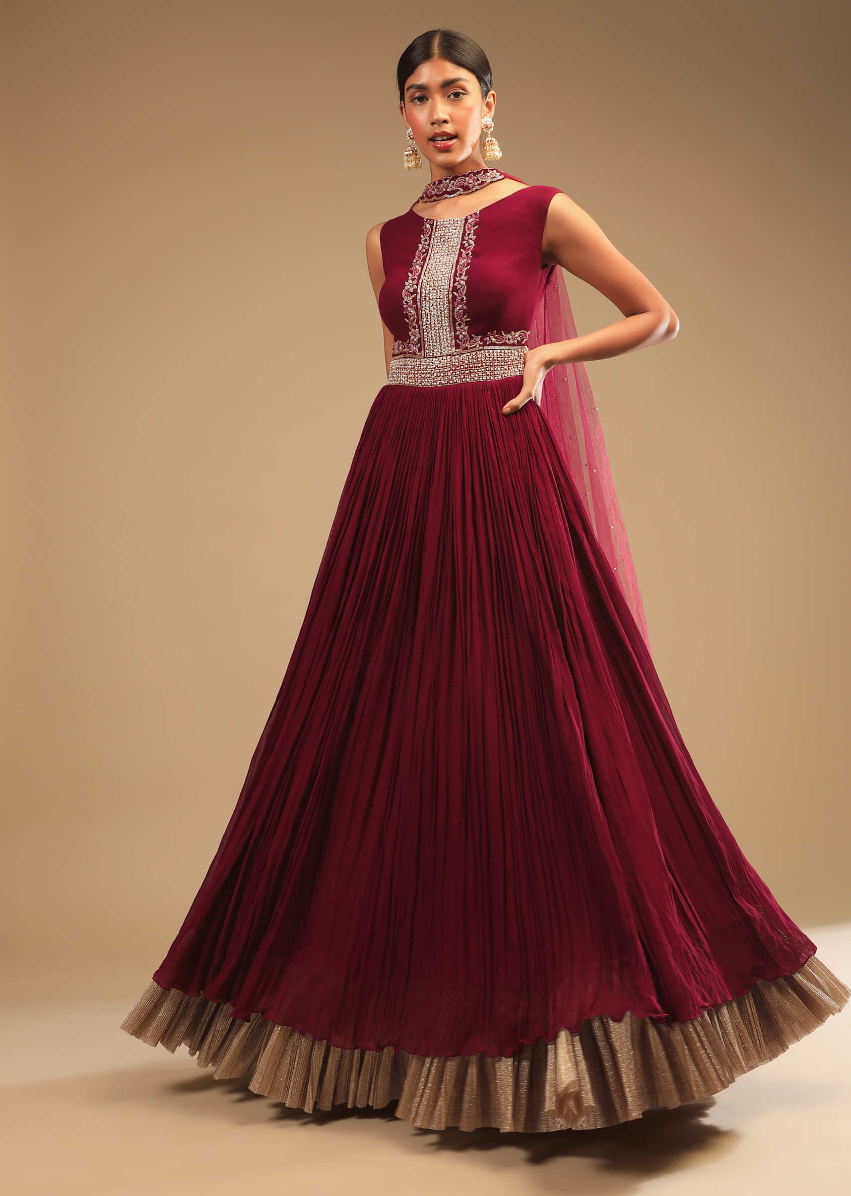 Maroon Anarkali Suit In Georgette With Cut Dana And Moti Embroidered Bodice And Metallic Frill On The Hemline  