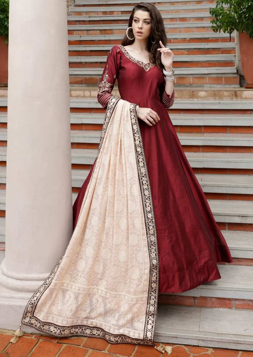 Maroon Net Anarkali Embroidered Suit Frock Suit With Dupatta