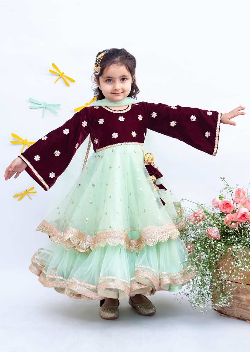 Kalki Girls Maroon And Pista Green Anarkali In Net With Sequins Embellished Buttis By Fayon Kids