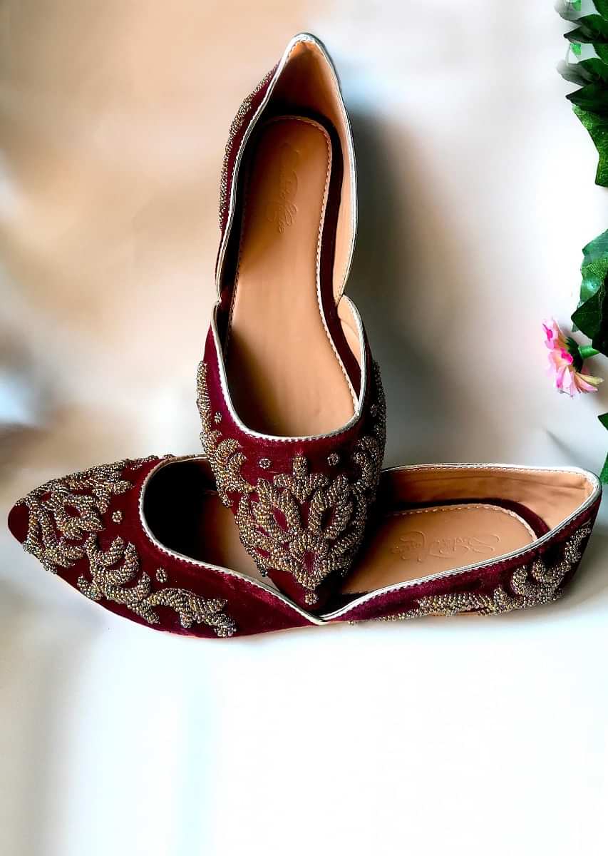 Maroon Ballet Flats In Velvet With Dull Gold Double Beaded Work In Ethnic Motif Online By Sole House 