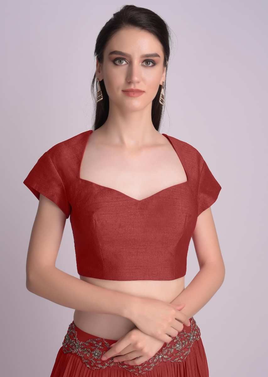 Buy Maroon Blouse With Deep Sweet Heart Neck And Cap Sleeves