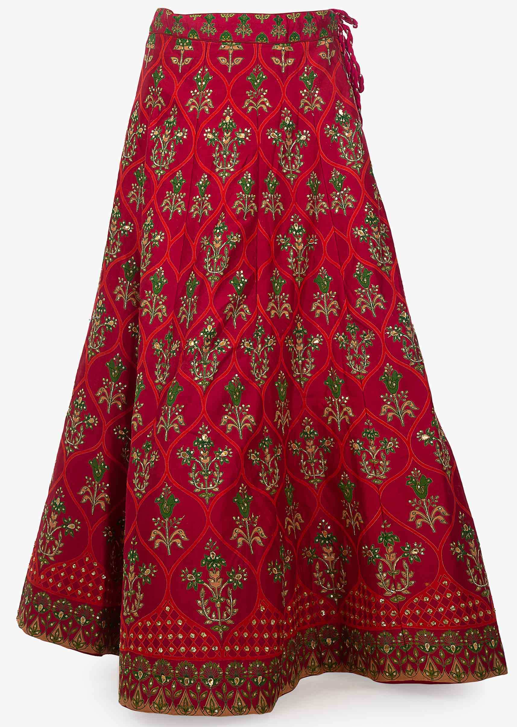 Maroon chanderi silk lehenga set with floral print and sequin work
