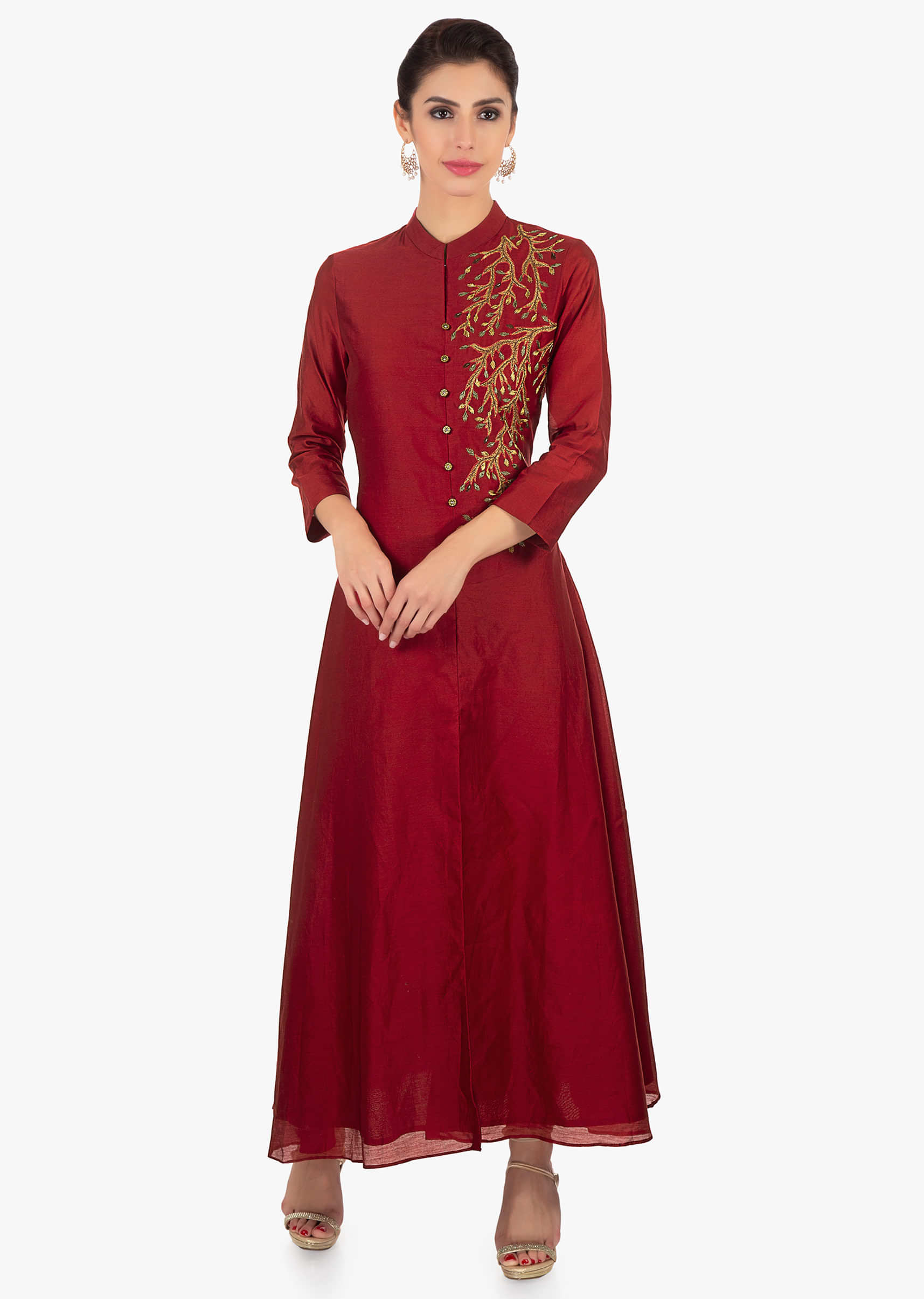 Maroon cotton long tunic dress with front slit