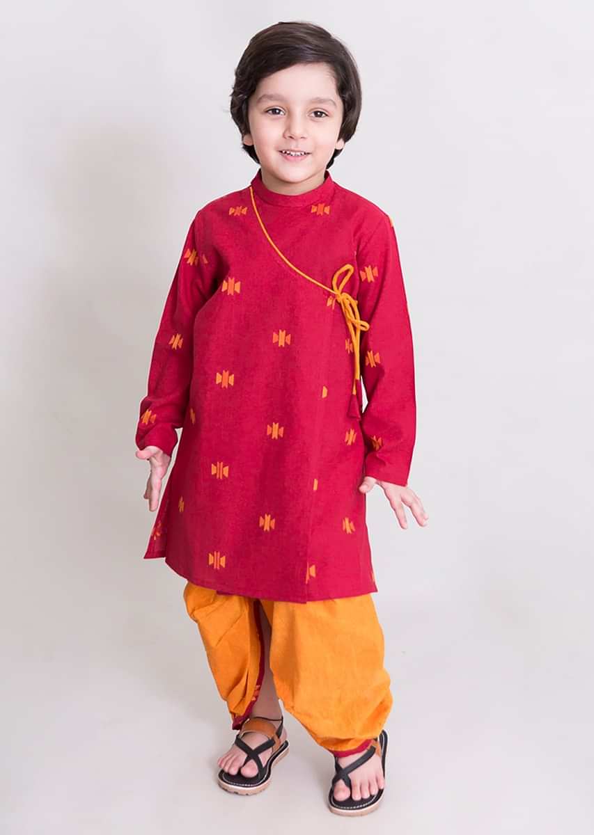 Kalki Boys Maroon Dhoti And Kurta Set In Angrakha Style With Woven Buttis By Tiber Taber