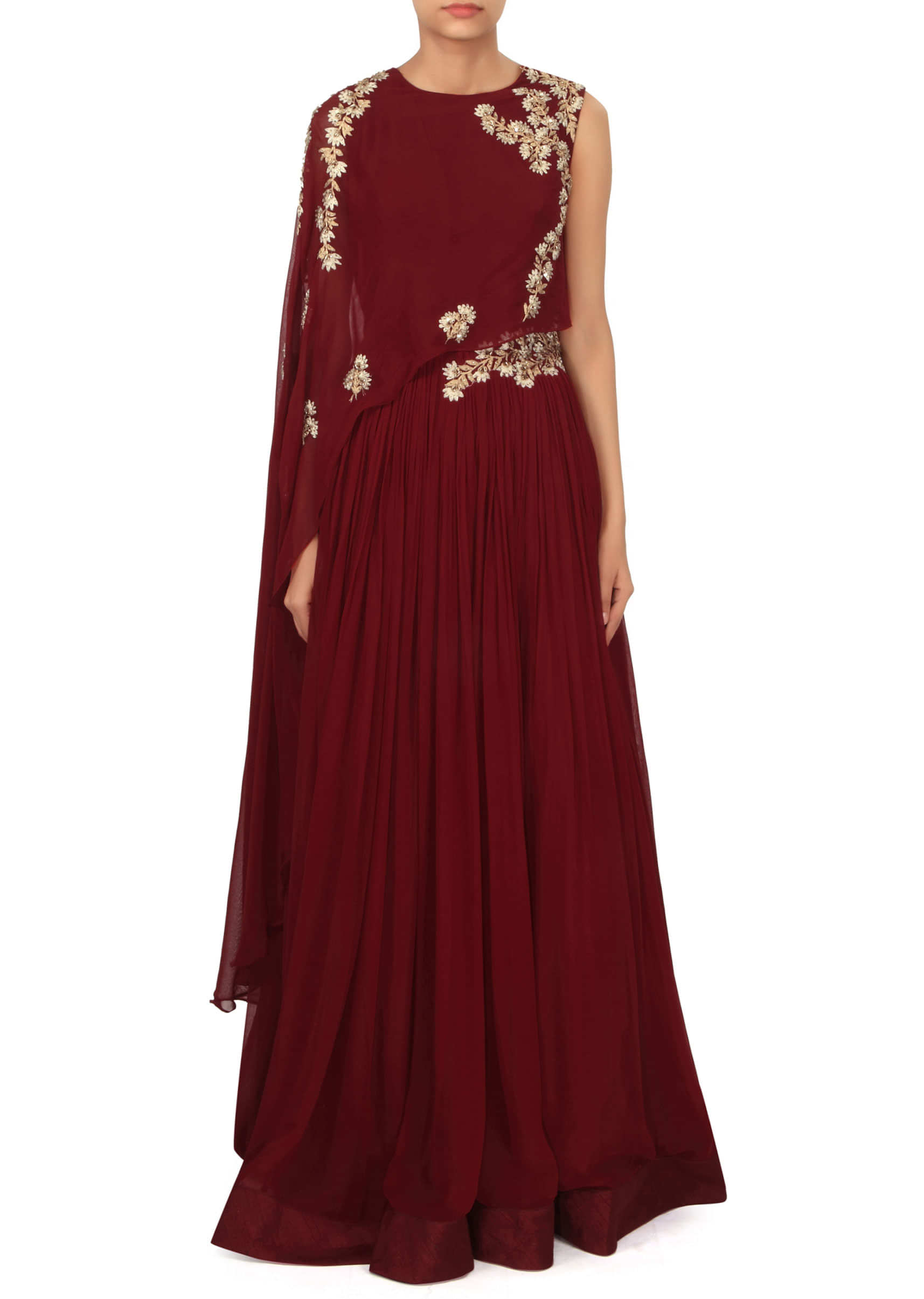 Maroon dress with fancy embellished cape only on Kalki