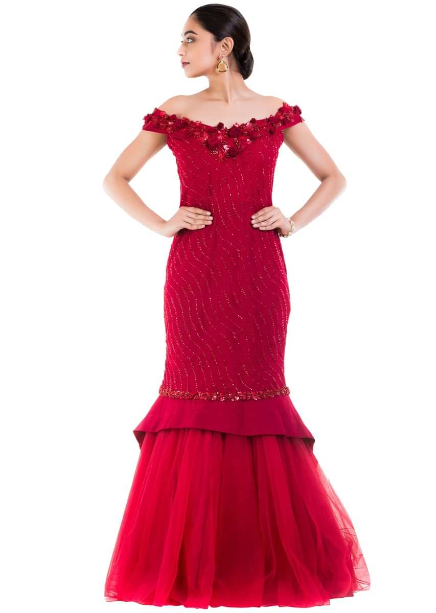 Maroon Fishtail Off Shoulder Gown