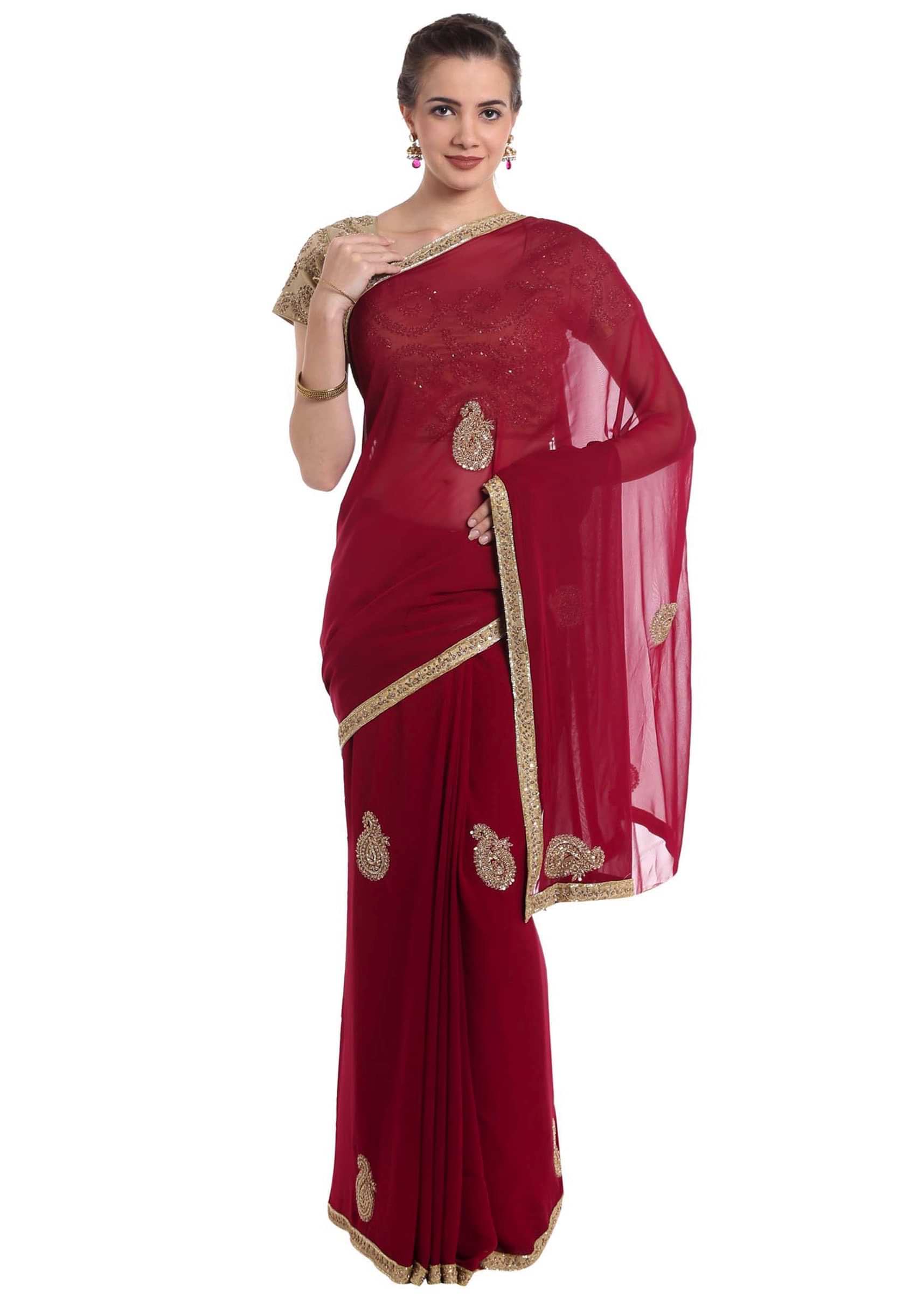 Maroon Saree In Georgette With Cut Dana And Sequin Work Online - Kalki Fashion