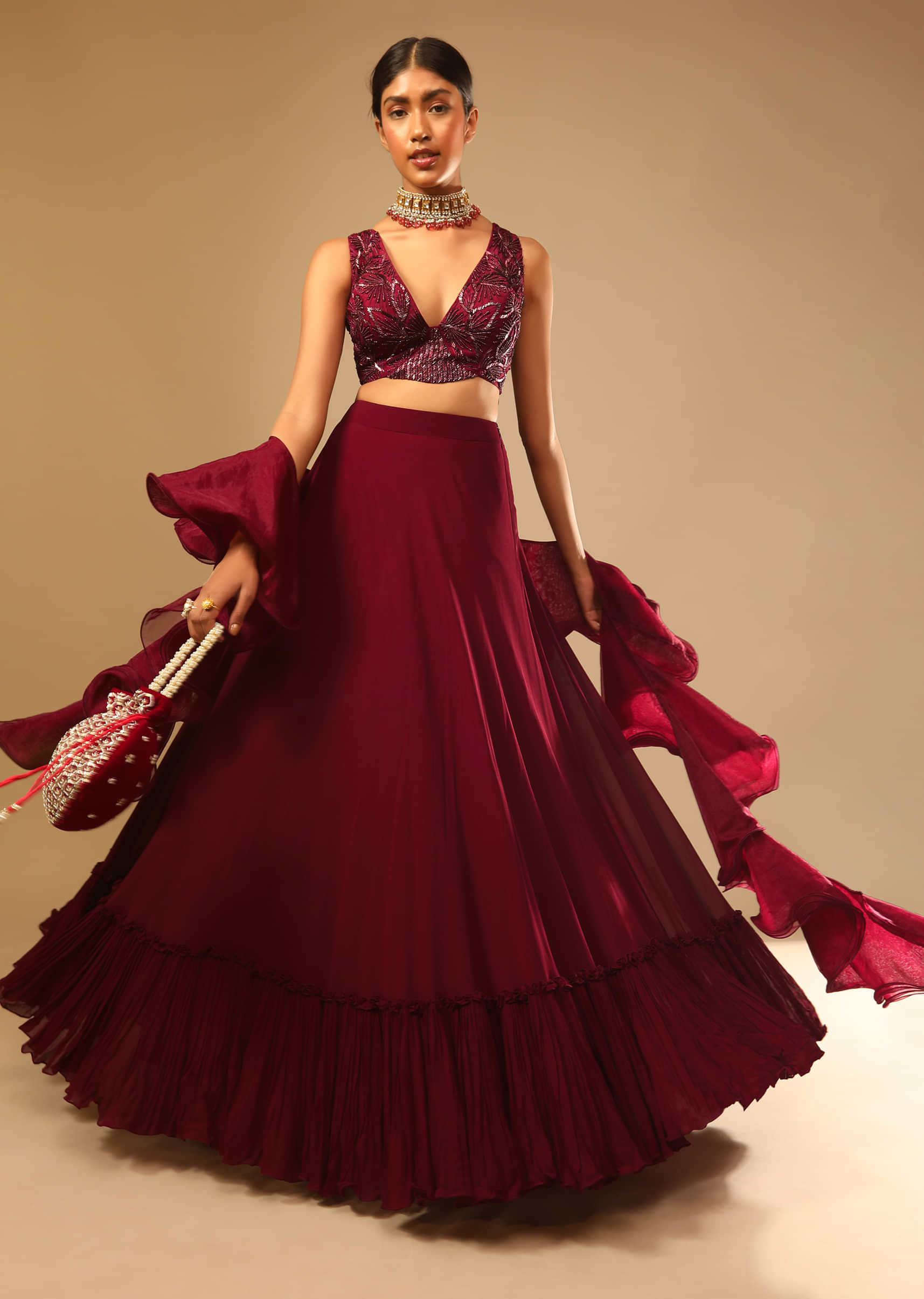 Maroon Lehenga And Crop Top With Hand Embroidered Leaf Motifs And A Ruffle Dupatta 
