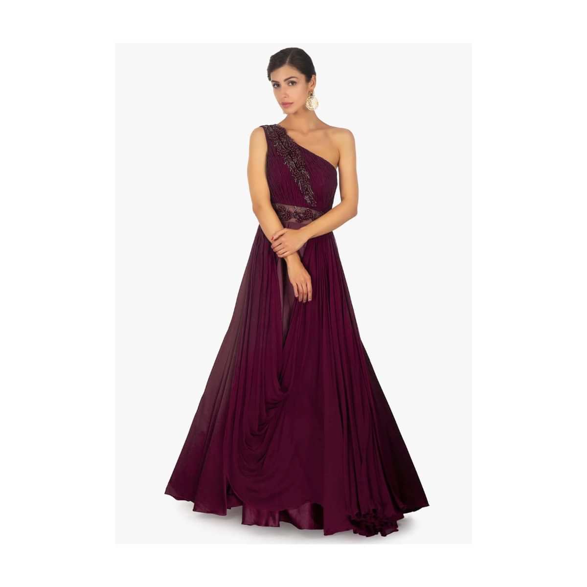 Maroon Gown In Satin With One Shoulder Neckline And Ruched Bodice Along With 3 D Potli Buttons Online - Kalki Fashion