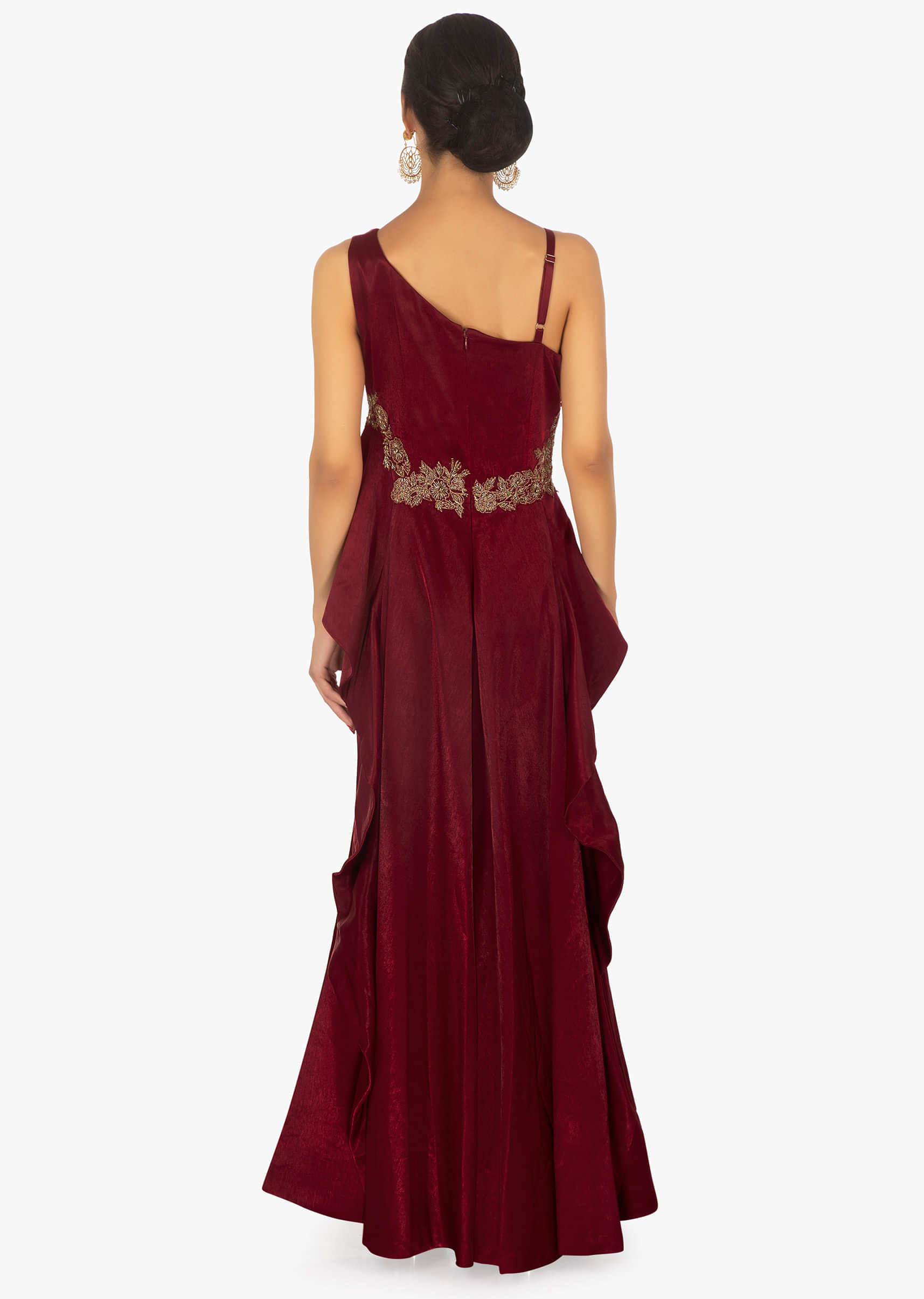 Maroon  one side strap gown in peplum style embellished in bird and floral motif