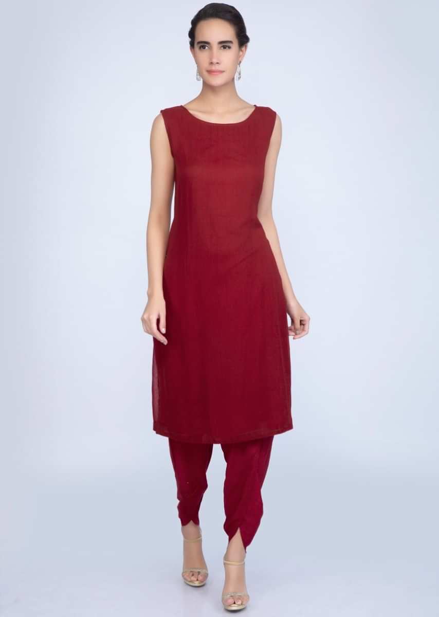 Maroon Suit And Dhoti Pant With Long Embroidered Jacket Online - Kalki Fashion