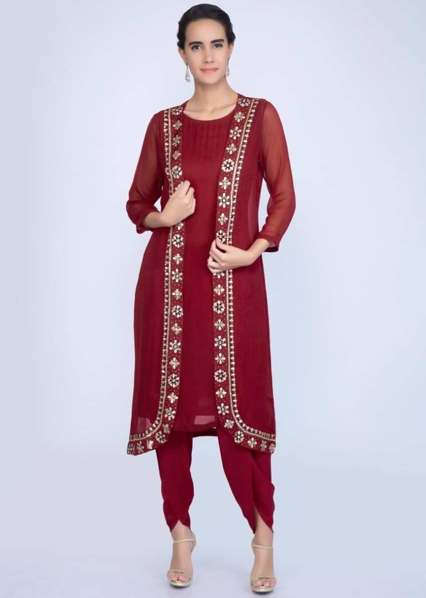 Buy Maroon Suit And Dhoti Pant With Long Embroidered Jacket Online ...