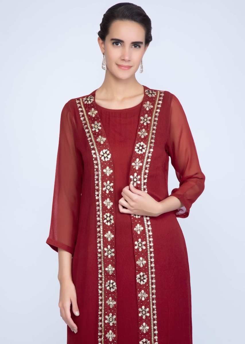 Maroon Suit And Dhoti Pant With Long Embroidered Jacket Online - Kalki Fashion