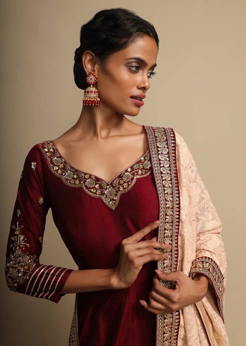 Maroon Anarkali Suit With Lucknowi Thread Embroidered Dupatta  
