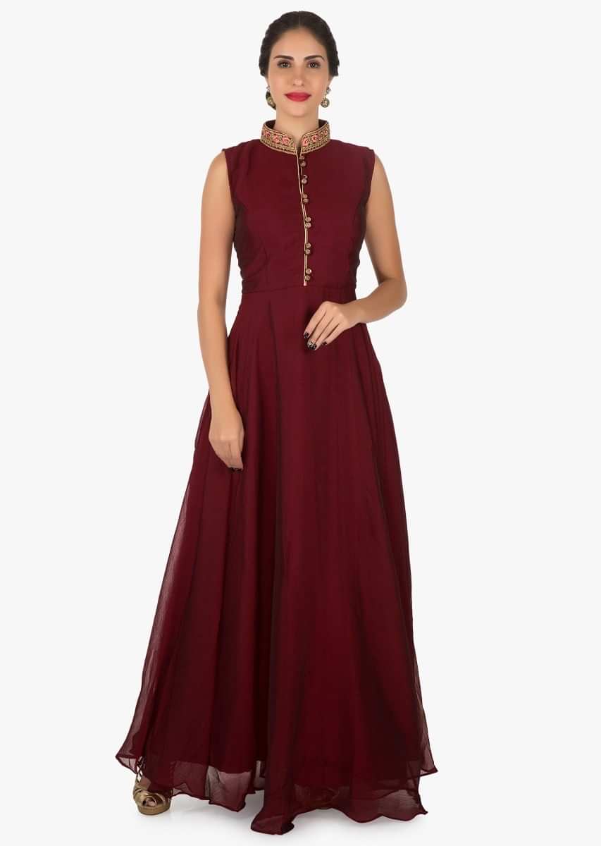 Maroon anarkali suit with resham and zari embroidery work only on Kalki