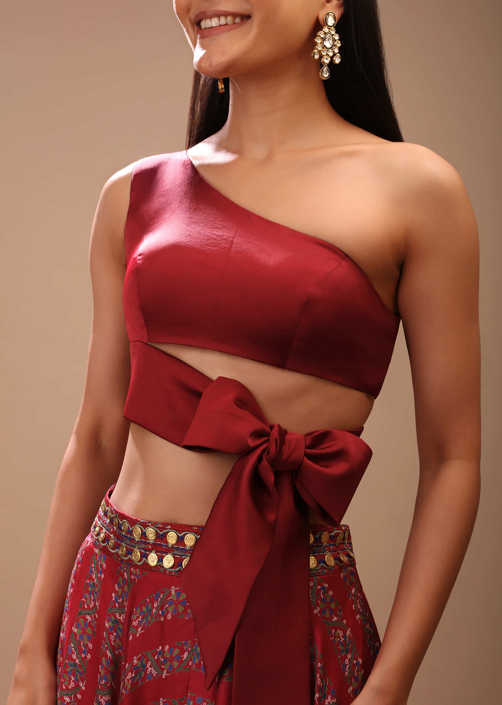 Maroon Blouse In Satin With One Shoulder Neckline And Tie Up Bow