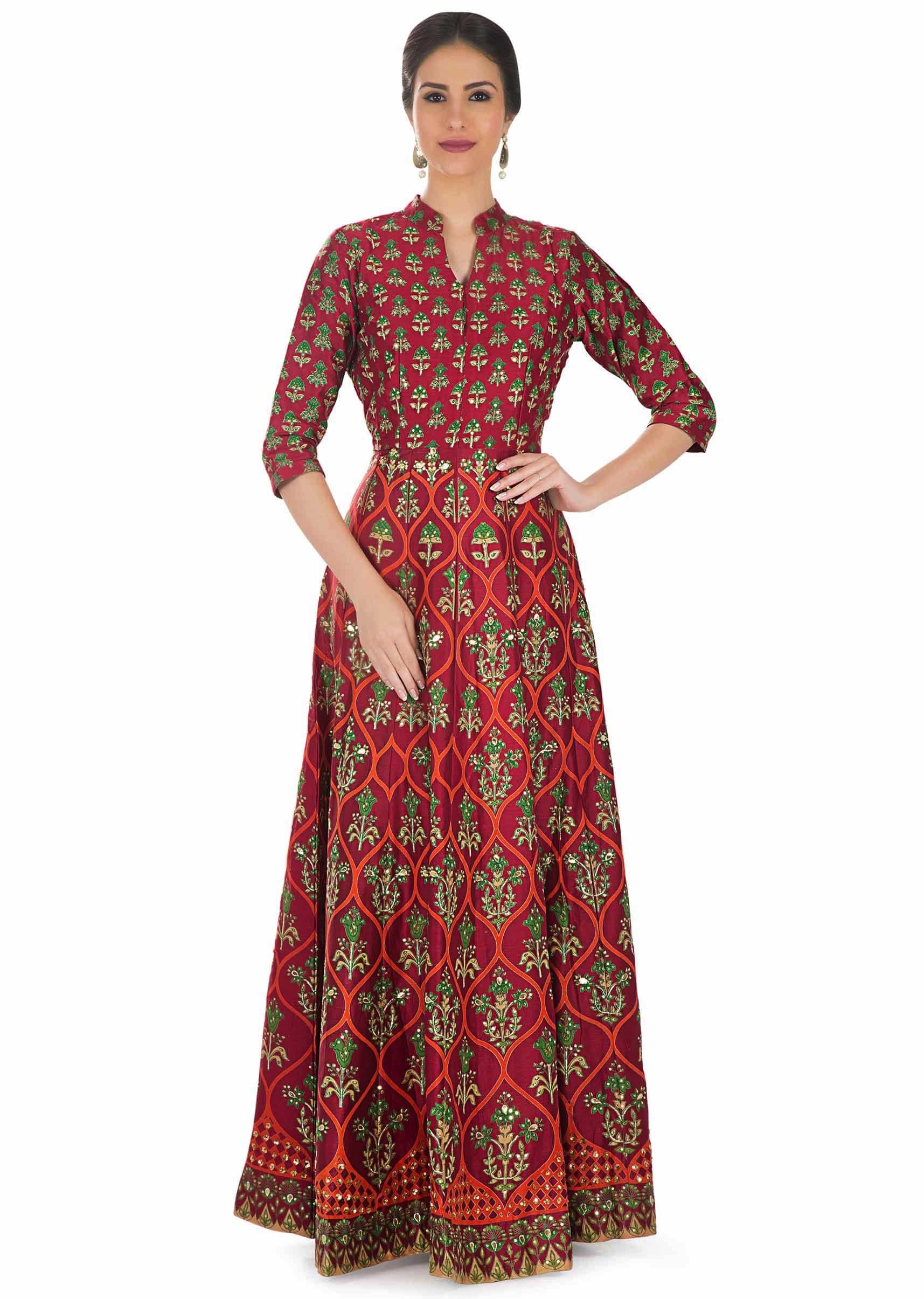 Maroon Cotton Silk Dress Featuring Floral Prints Embellished with Sequins and Gotta Patch only on Kalki