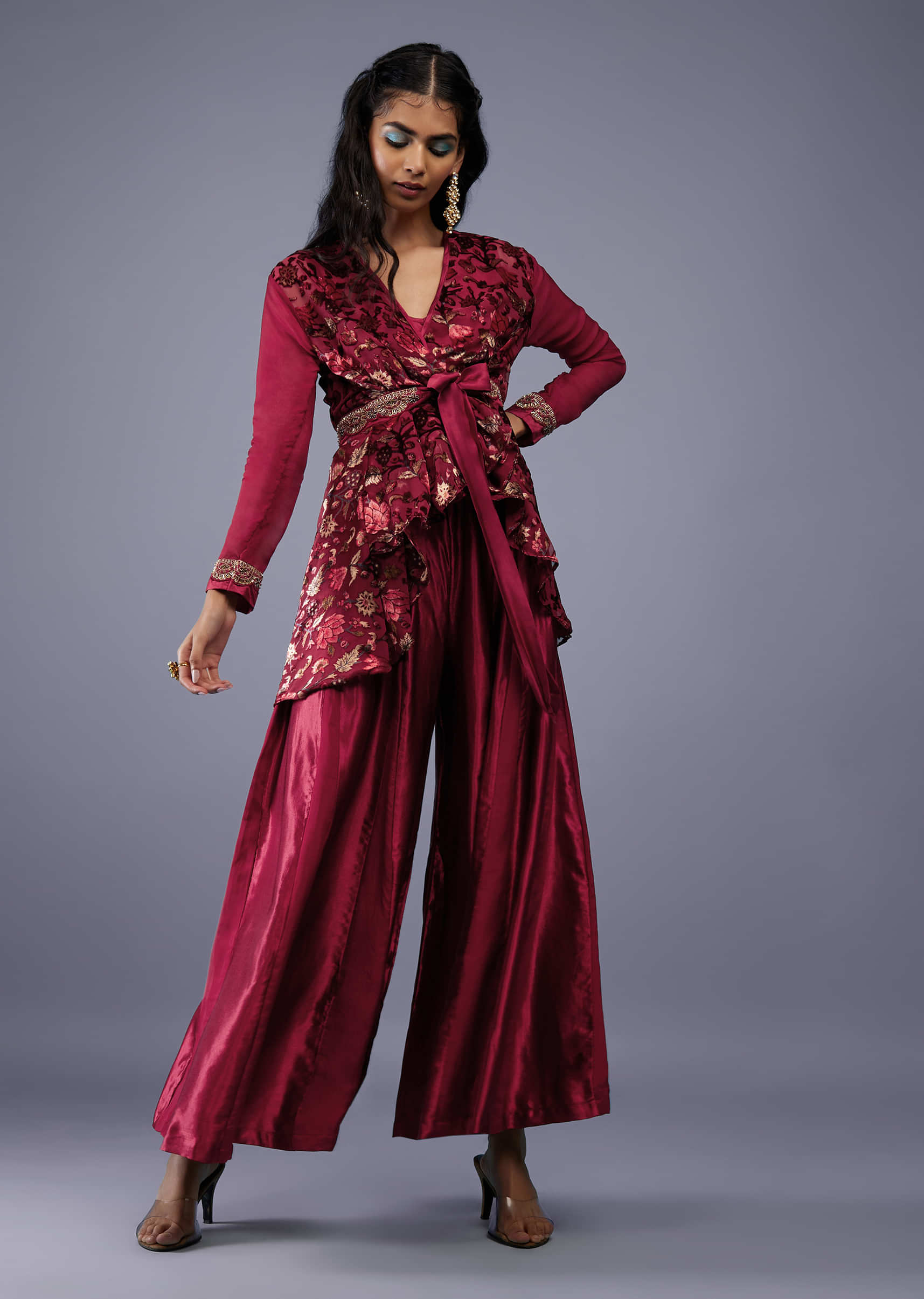 Wine Red Floral Wrap Co ord Set With Embroidered Belt