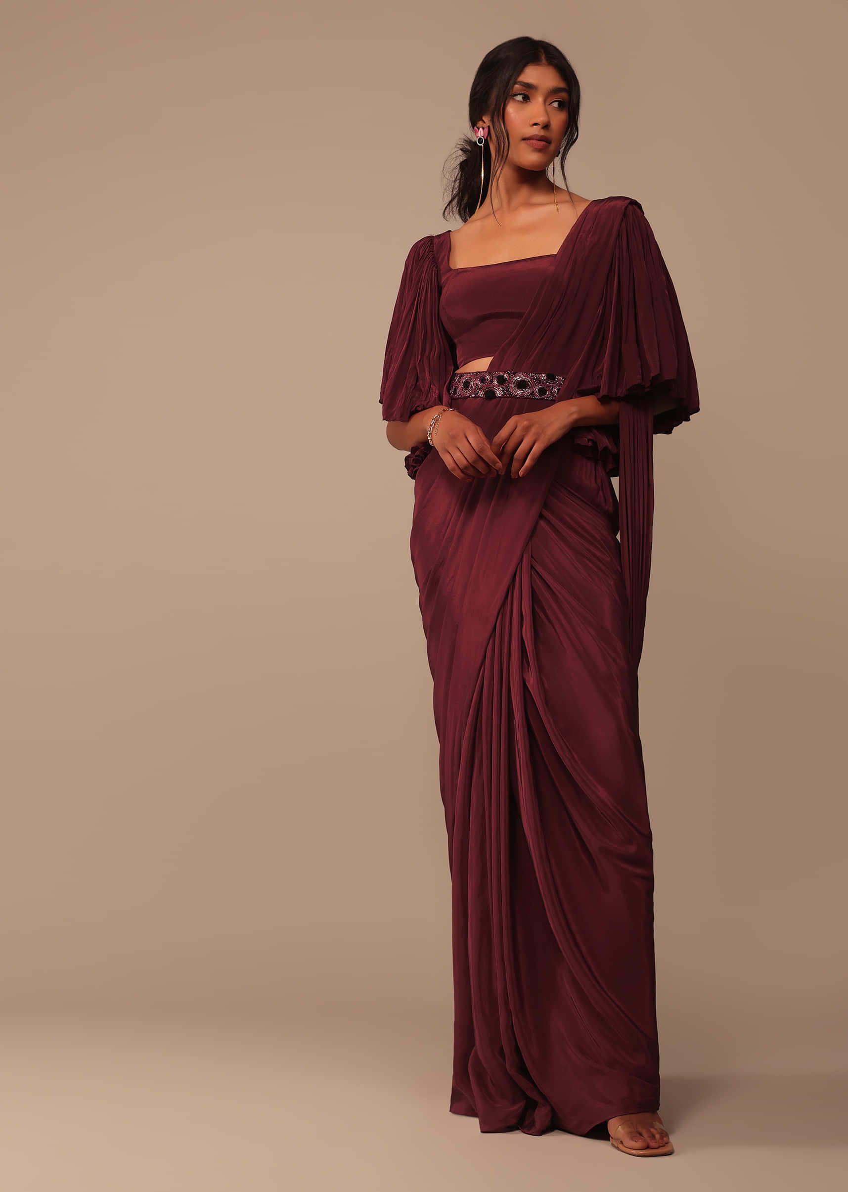 Buy Maroon Indo-western Creep Saree Set With Embroidered Belt