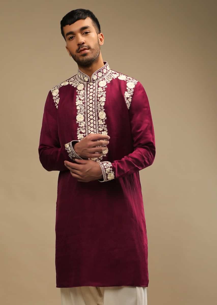 Maroon Kurta And Salwar Set In Silk With White Thread Embroidered Floral Motifs On The Placket  