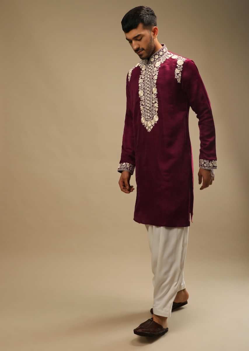 Maroon Kurta And Salwar Set In Silk With White Thread Embroidered Floral Motifs On The Placket  