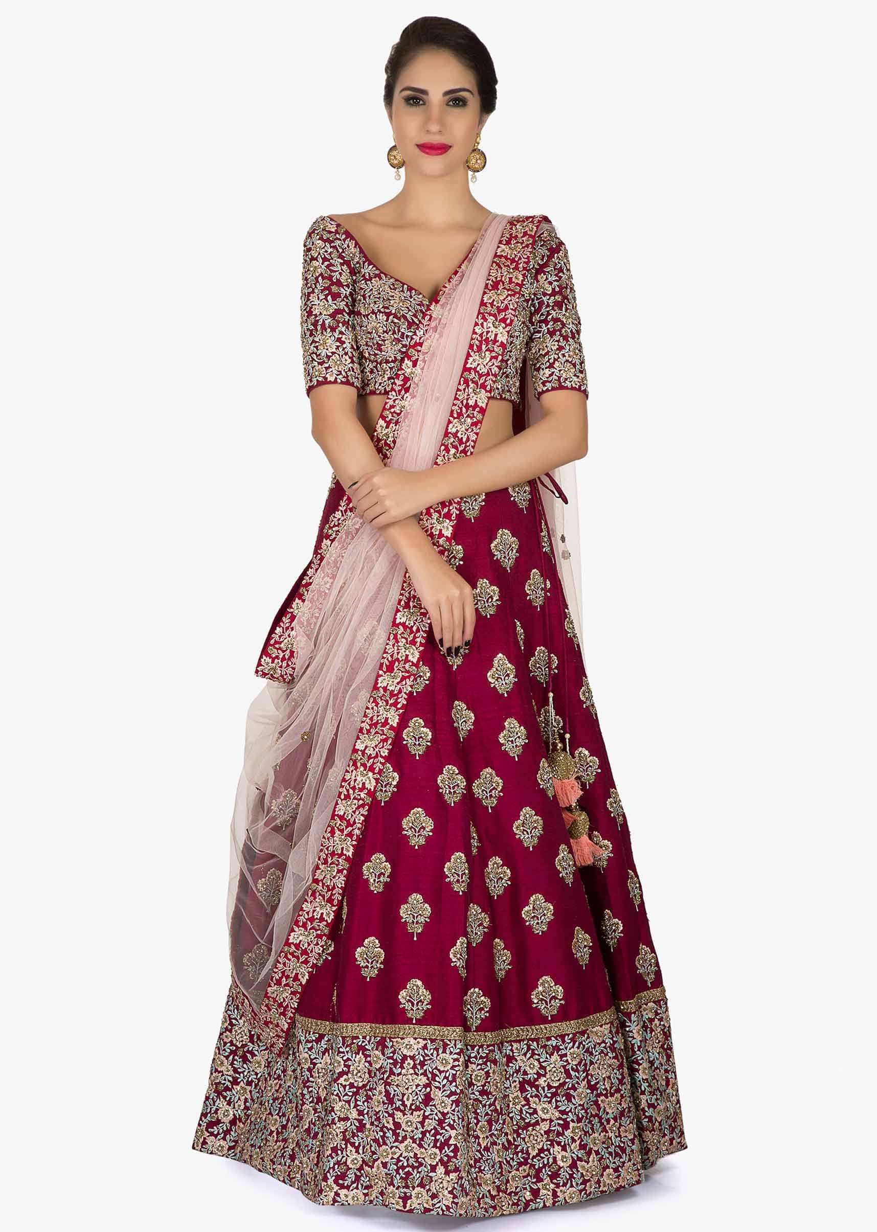 Maroon Lehenga in Silk with a ready blouse Elevated in Embroidery only on Kalki