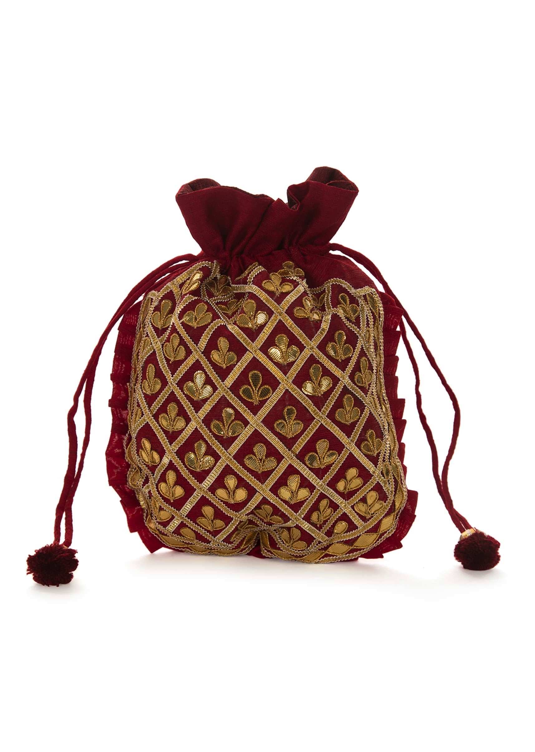 Maroon potli bag beautified in gotta patti embroidered work only on Kalki