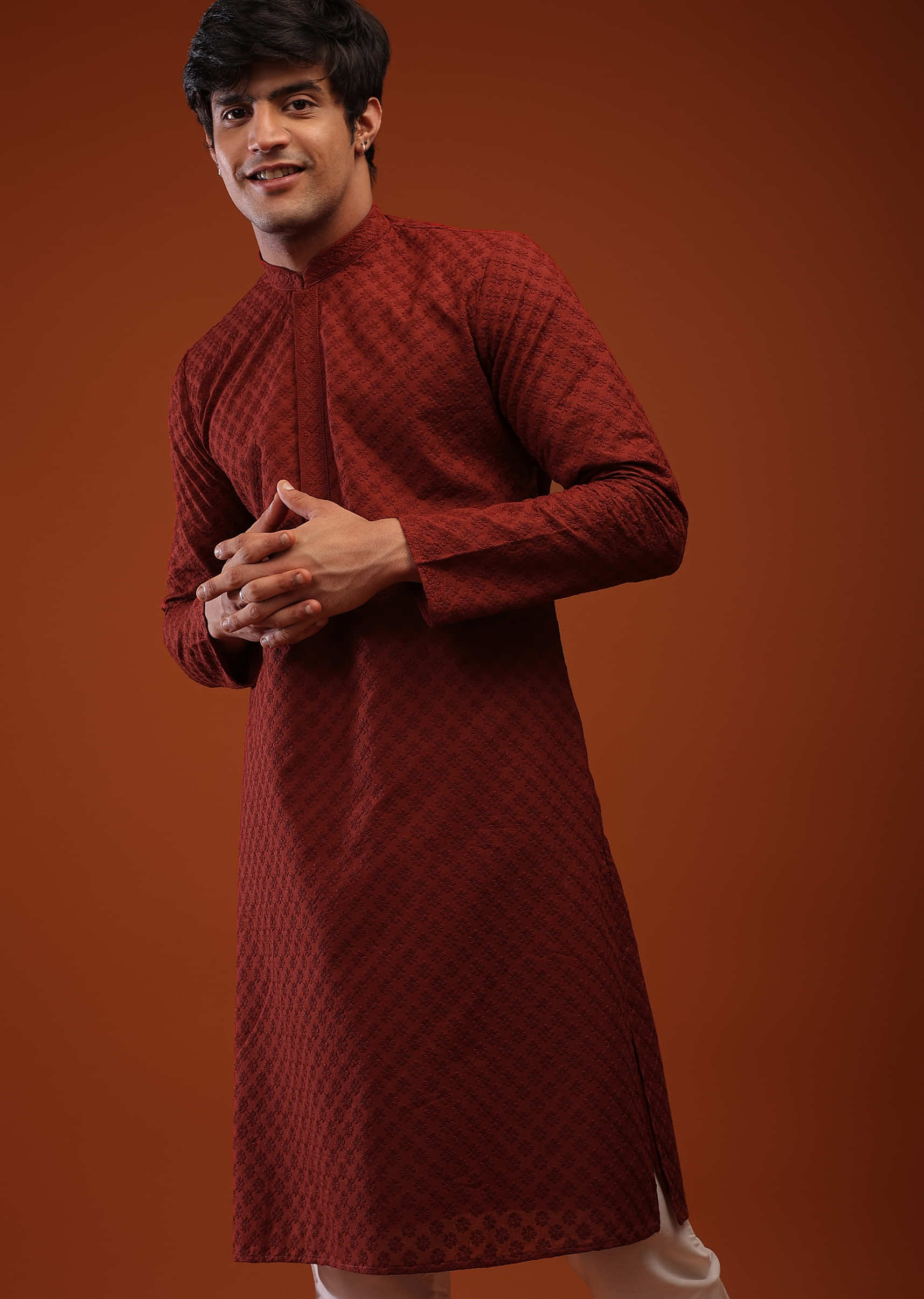 Maroon Raw Silk Kurta Set With Lucknowi Embroidery In Moroccan Jaal And Placket On The Yoke