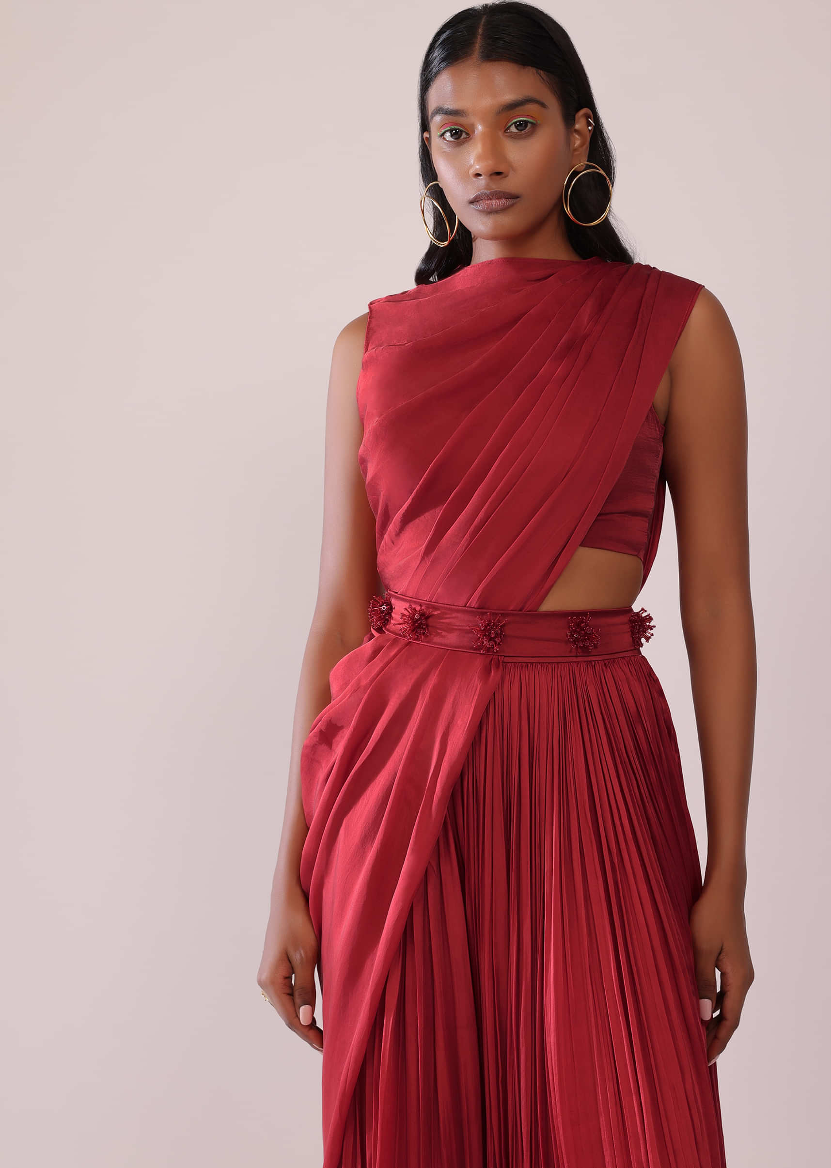 Maroon Red Satin Rushing Palazzo And Bustier Set With Draped Cape