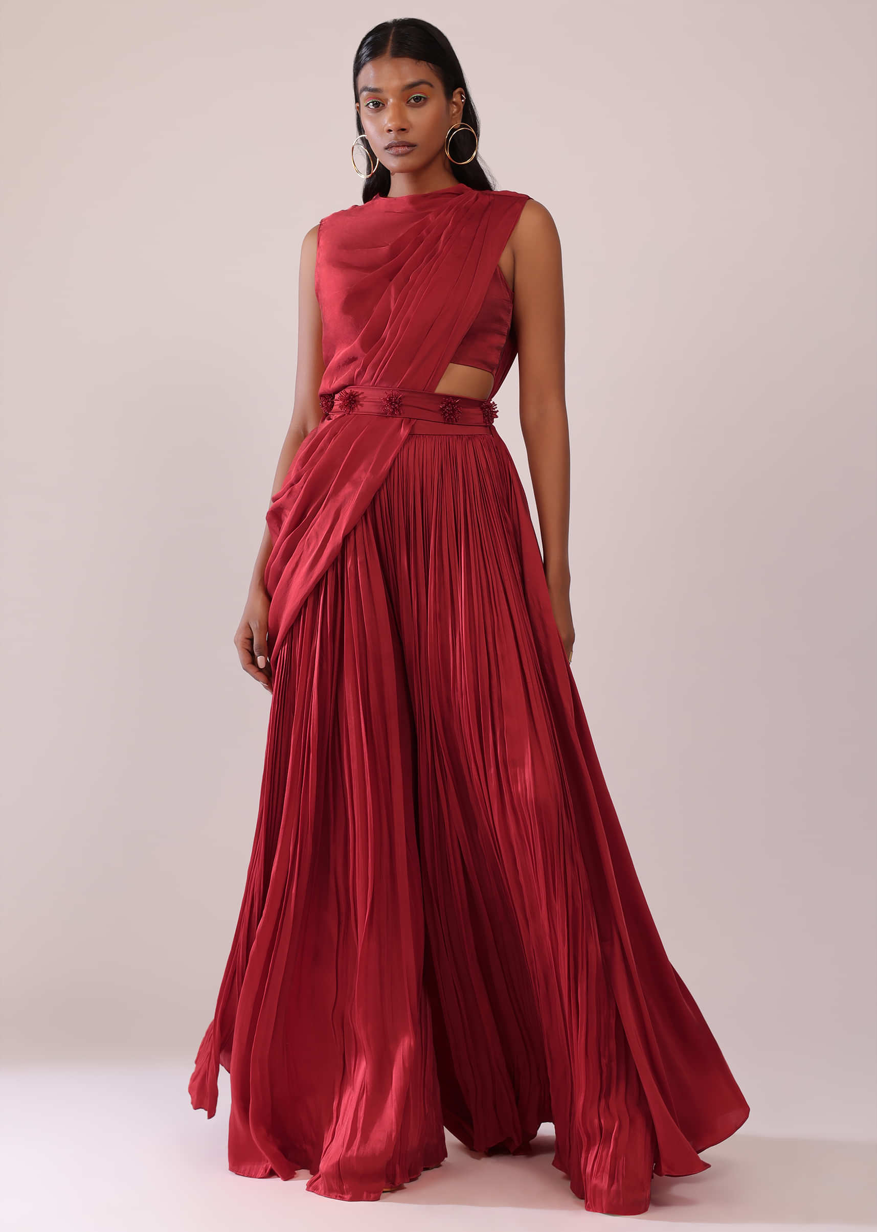 Buy Maroon Red Satin Rushing Palazzo And Bustier Set With Draped