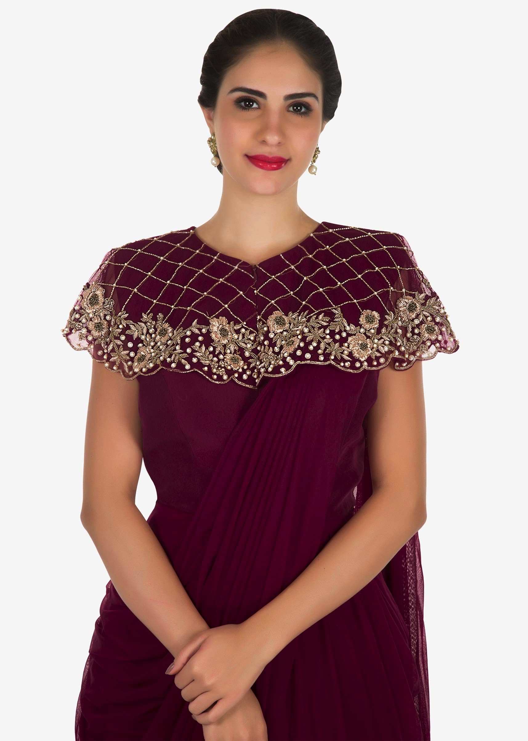 Maroon saree gown in net with a fancy cape adorn in zardosi and moti ...