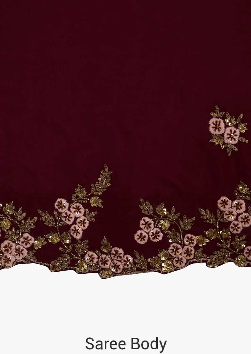 Buy Maroon Saree With Ready Blouse In Pink Embroidered With Resham And ...