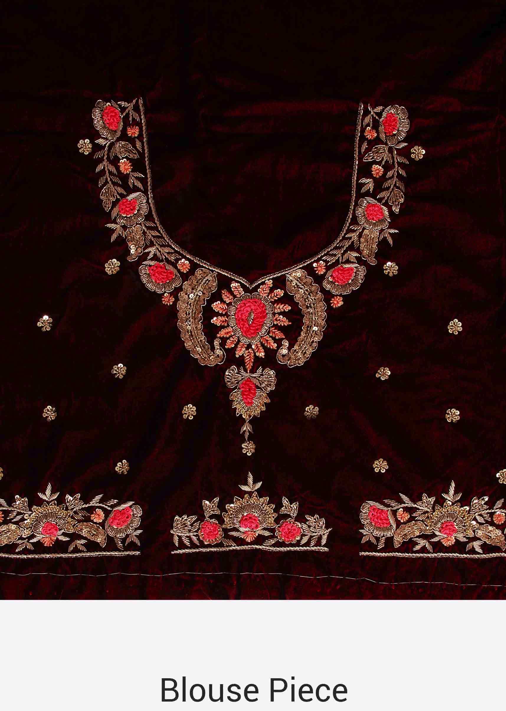 Maroon semi-stitched lehenga adorn in thread and zardosi embroidery work only on Kalki