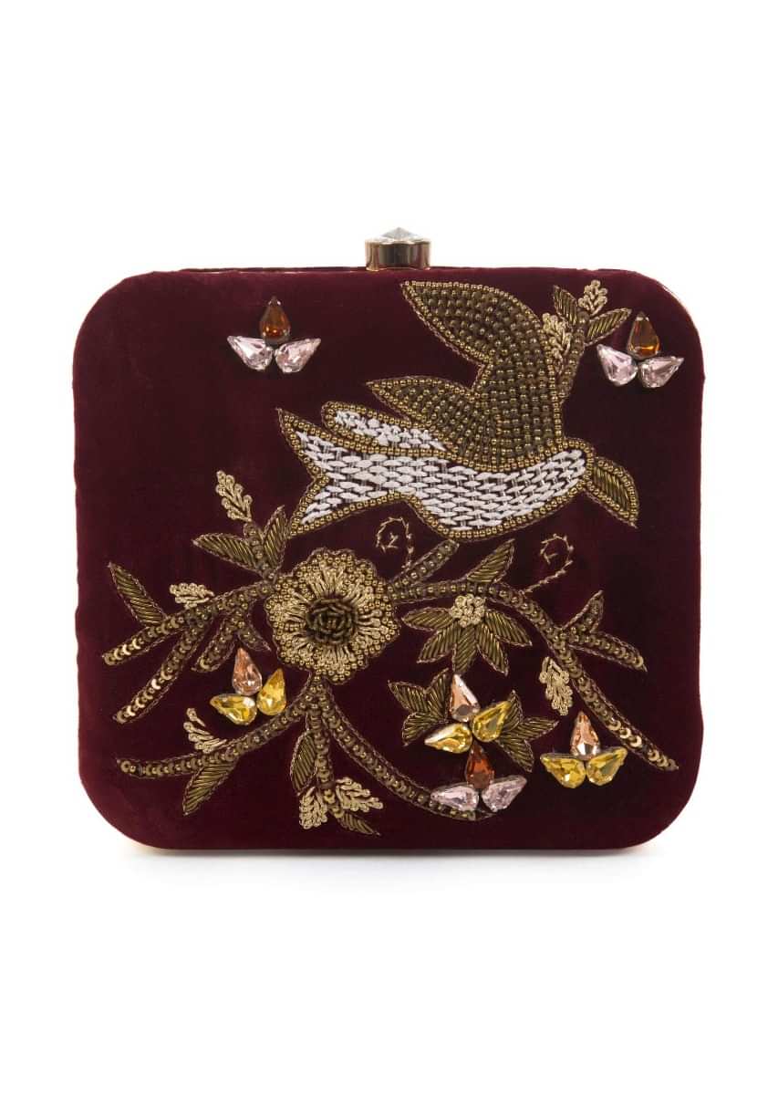 Maroon sequins and cutdana clutch in floral and bird motif