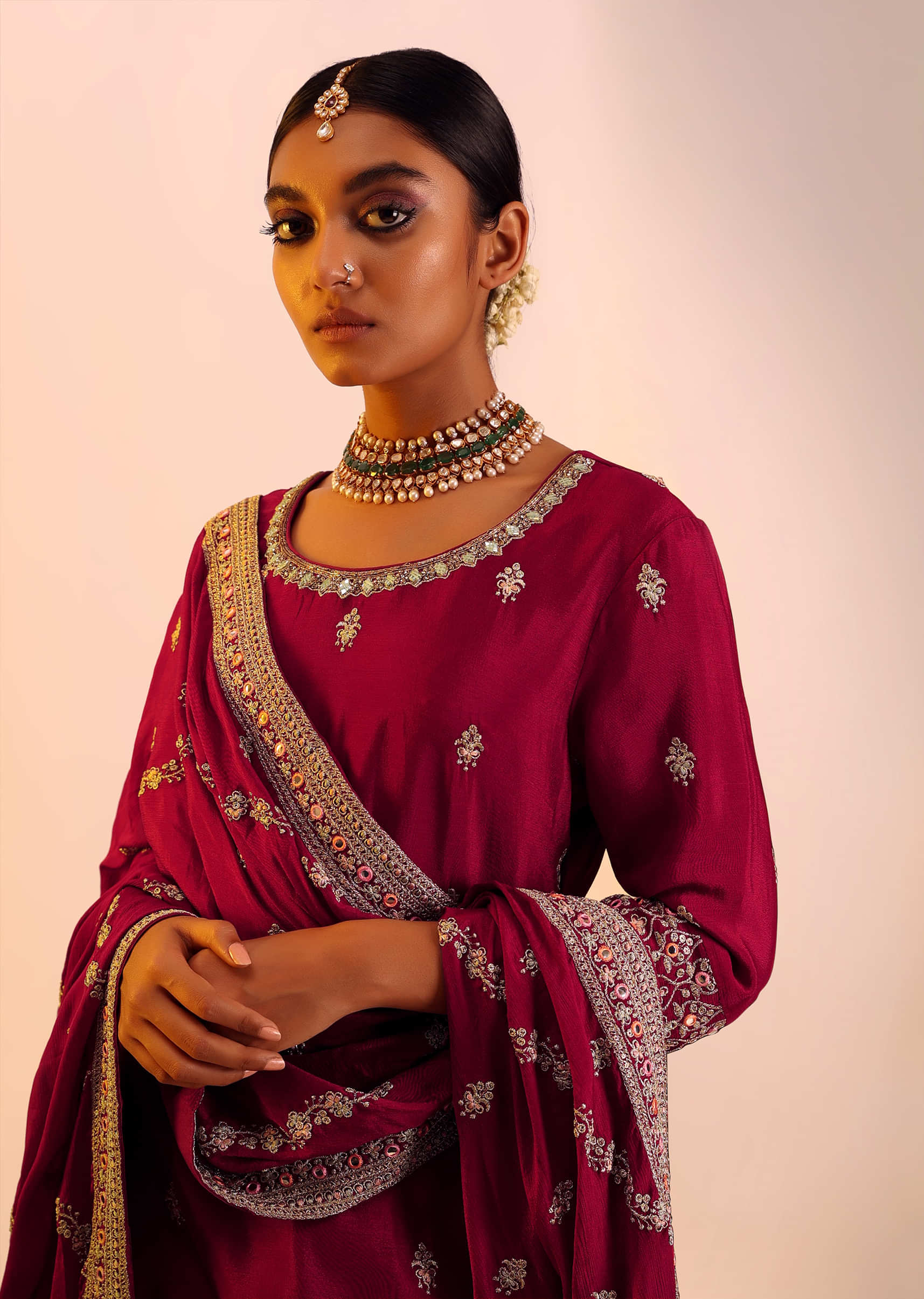 Maroon Sharara Suit With Three Quarter Sleeves And Multi Colored Resham Abla And Zari Embroidered Buttis