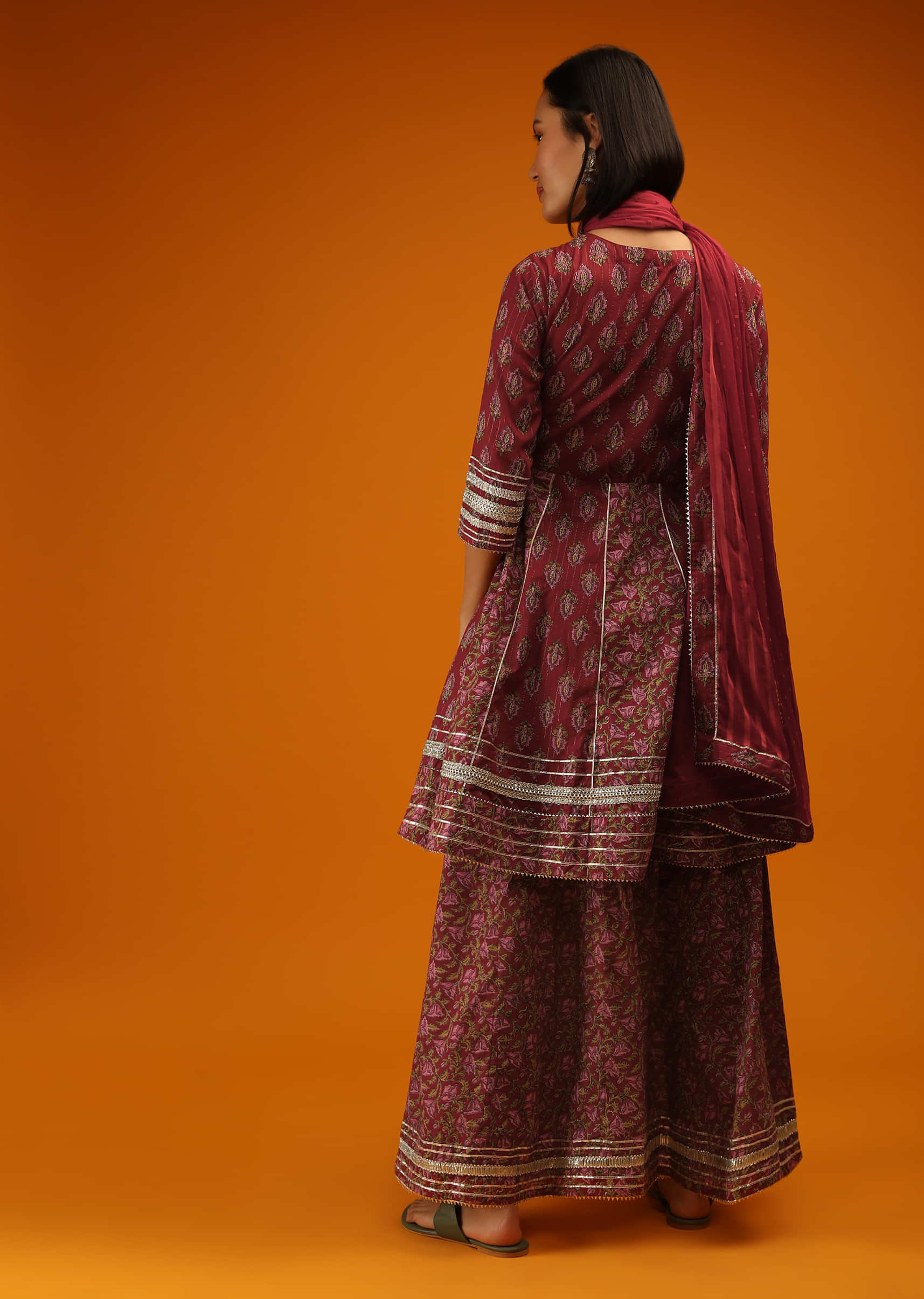 Maroon Sharara Suit In Cotton With Floral Printed Buttis And Gotta Lace Work Online - Re By Kalki