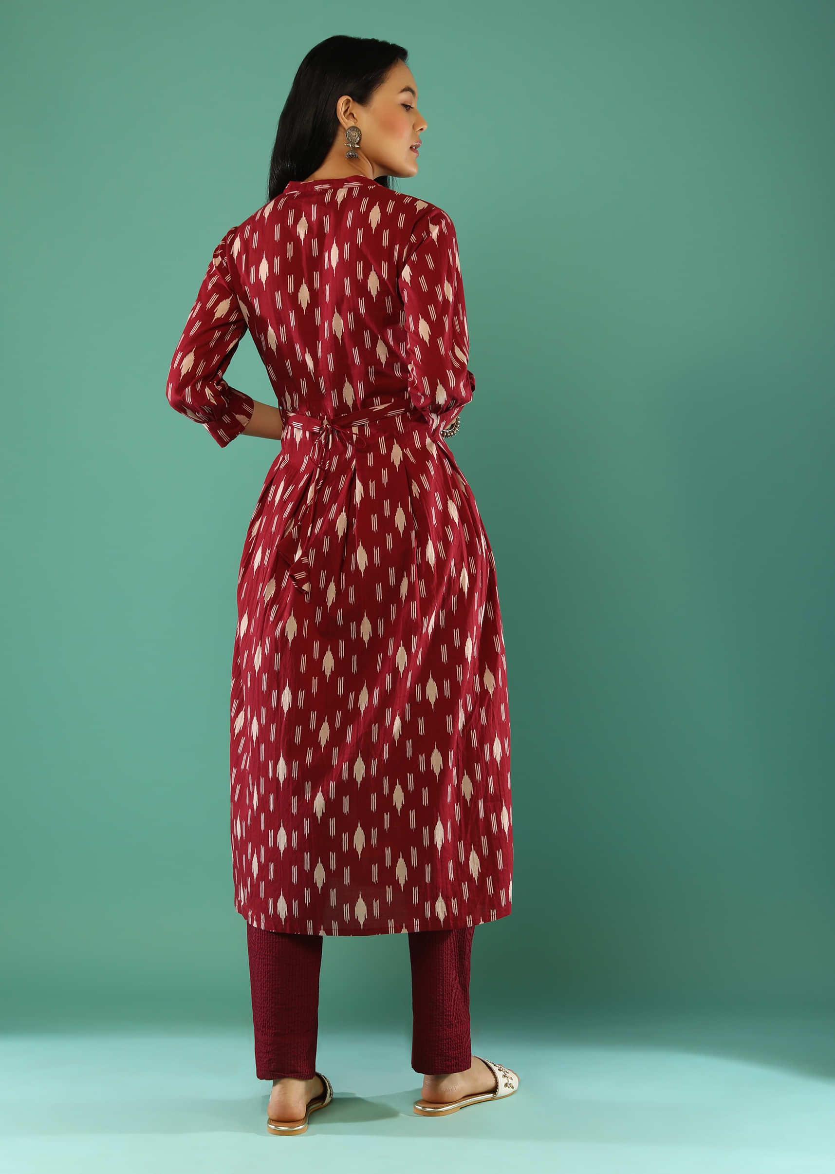 Maroon Tiered Dress With Ikkat Print And Mock Placket Online - Re By Kalki