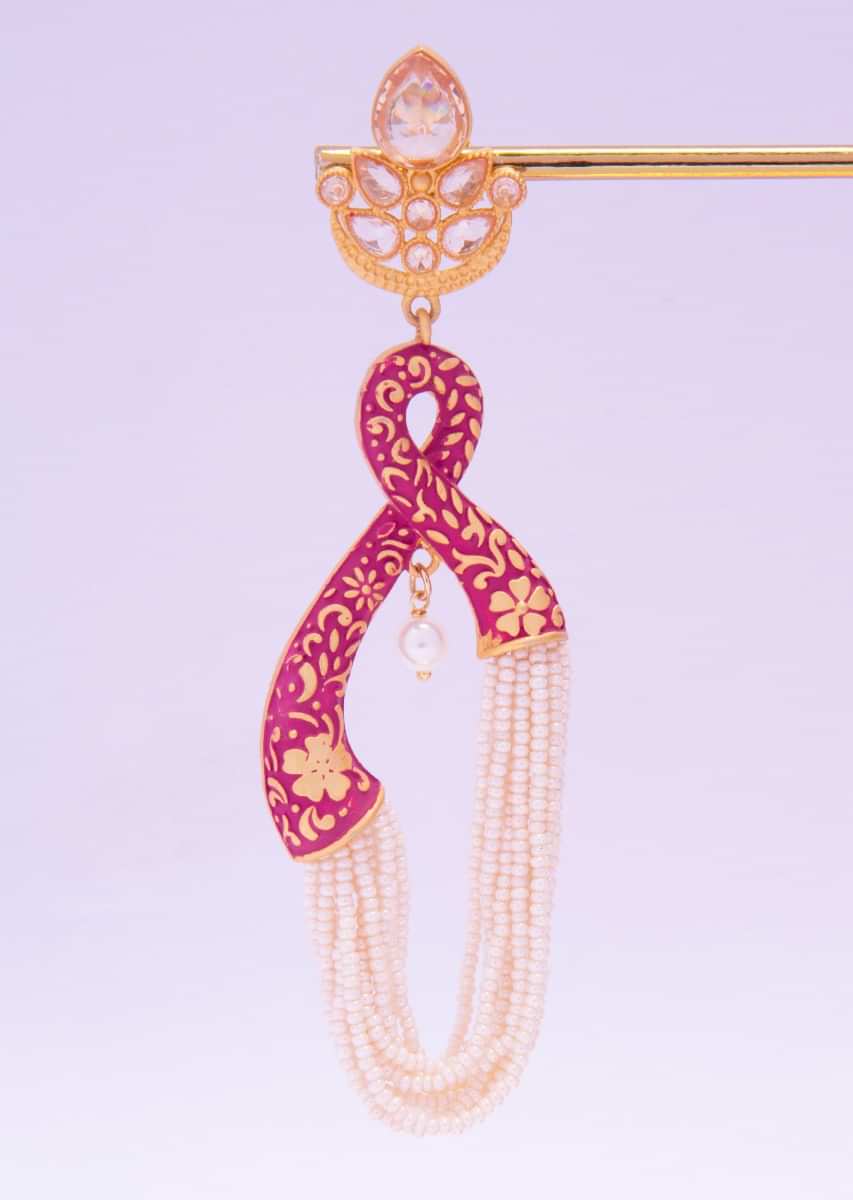 Matte finish fuchsia pink earring with moti string layers only on kalki
