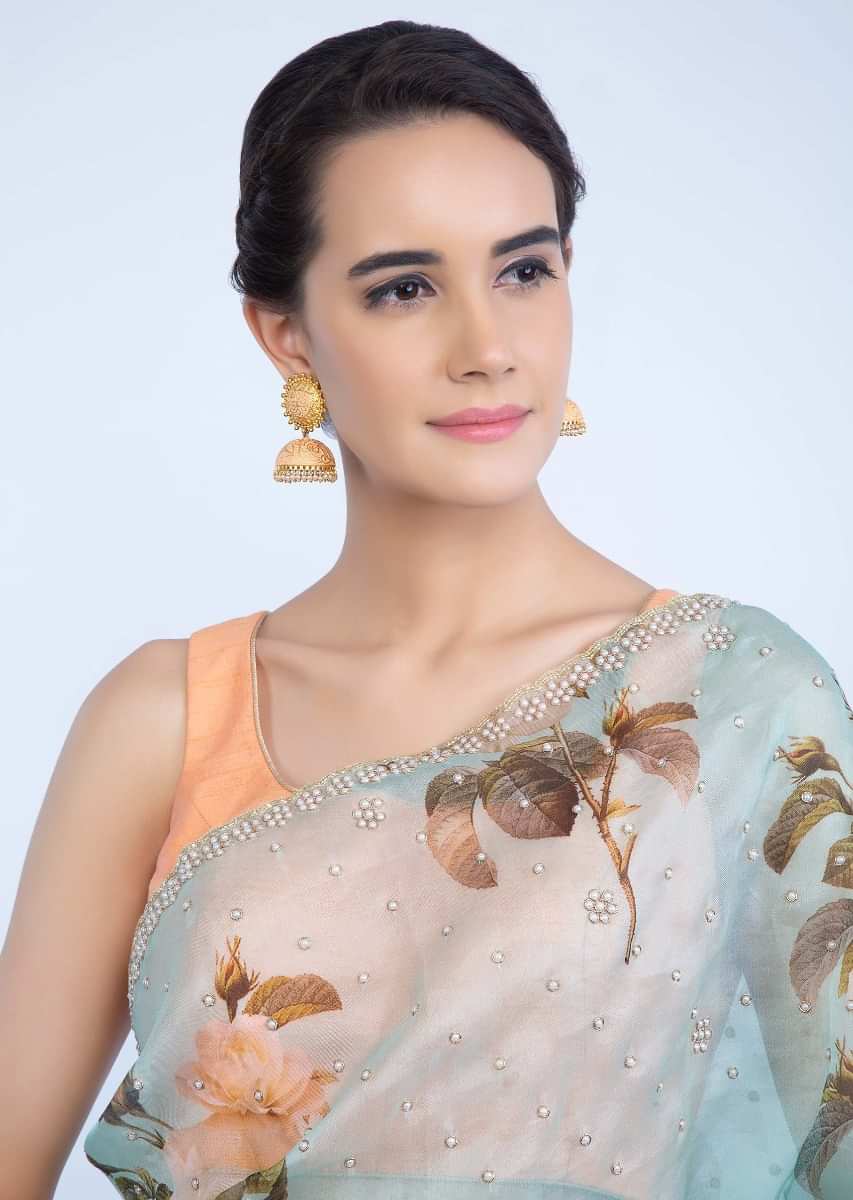 Matte finish peach  jhumkas with golden carving only on kalki