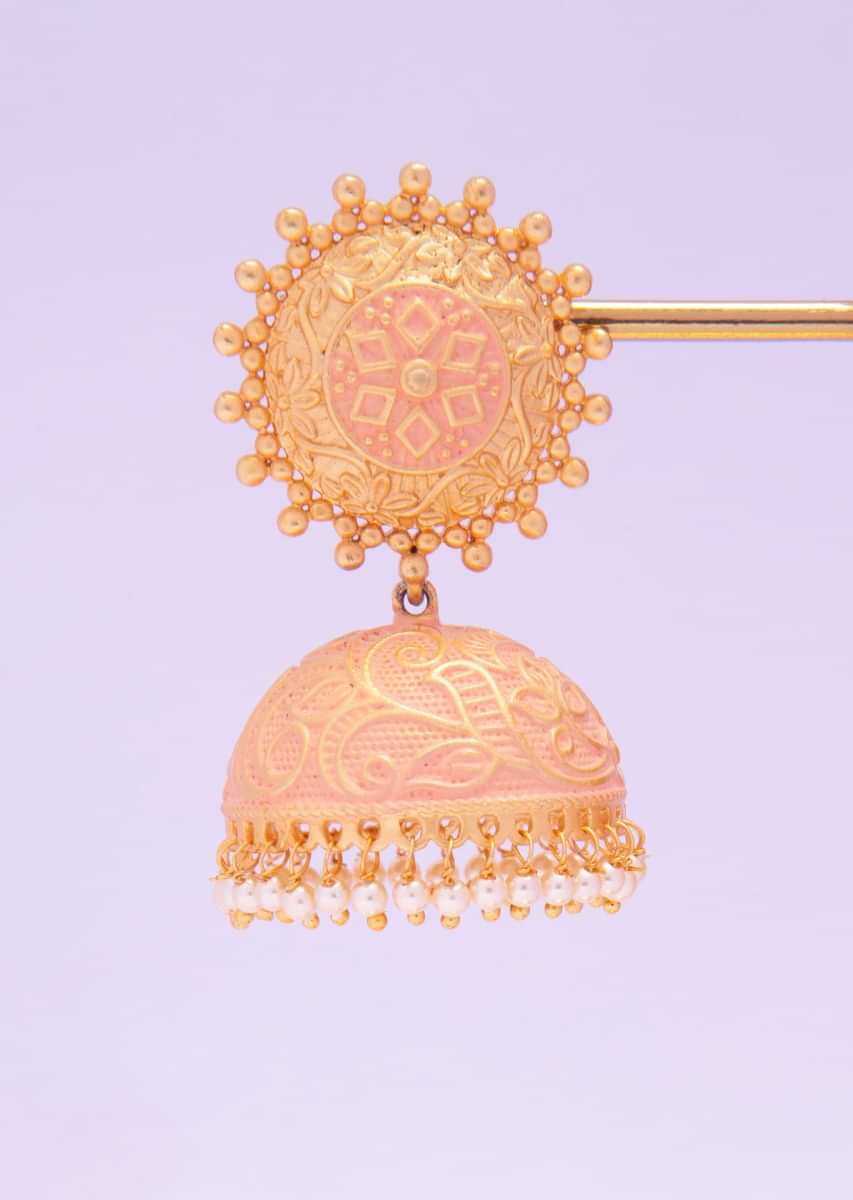 Matte finish peach  jhumkas with golden carving only on kalki