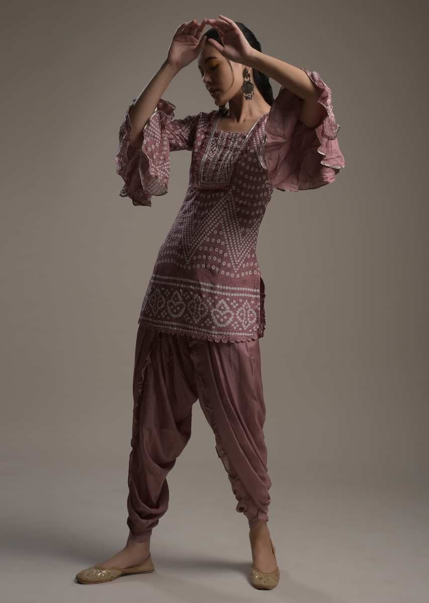 Mauve Dhoti Suit With Bell Sleeves Kurti Adorned In Bandhani Print  