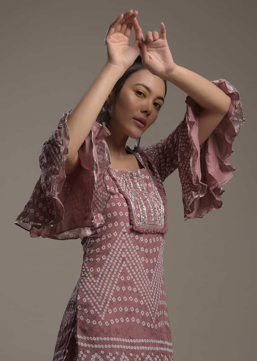 Mauve Dhoti Suit With Bell Sleeves Kurti Adorned In Bandhani Print  