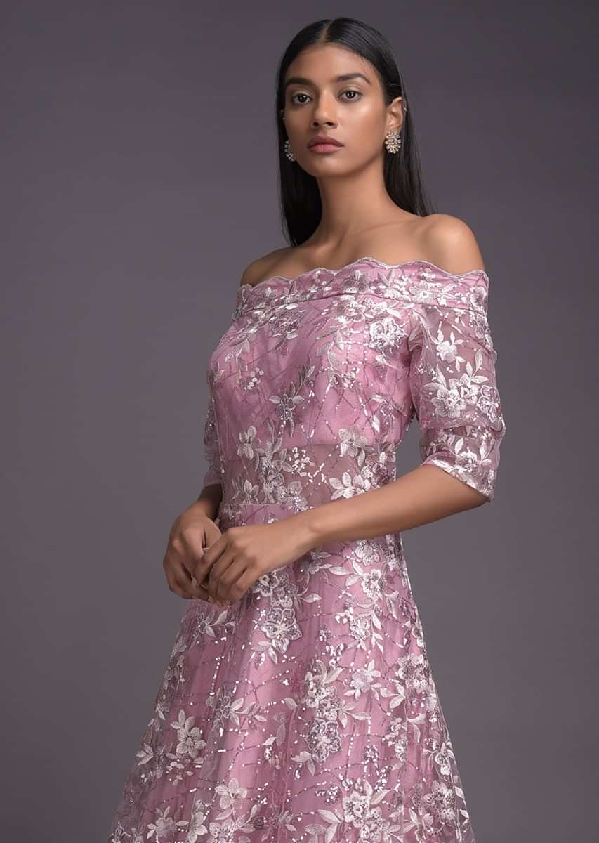 Buy Mauve Gown With Off Shoulder Neckline And Embellished With Resham ...