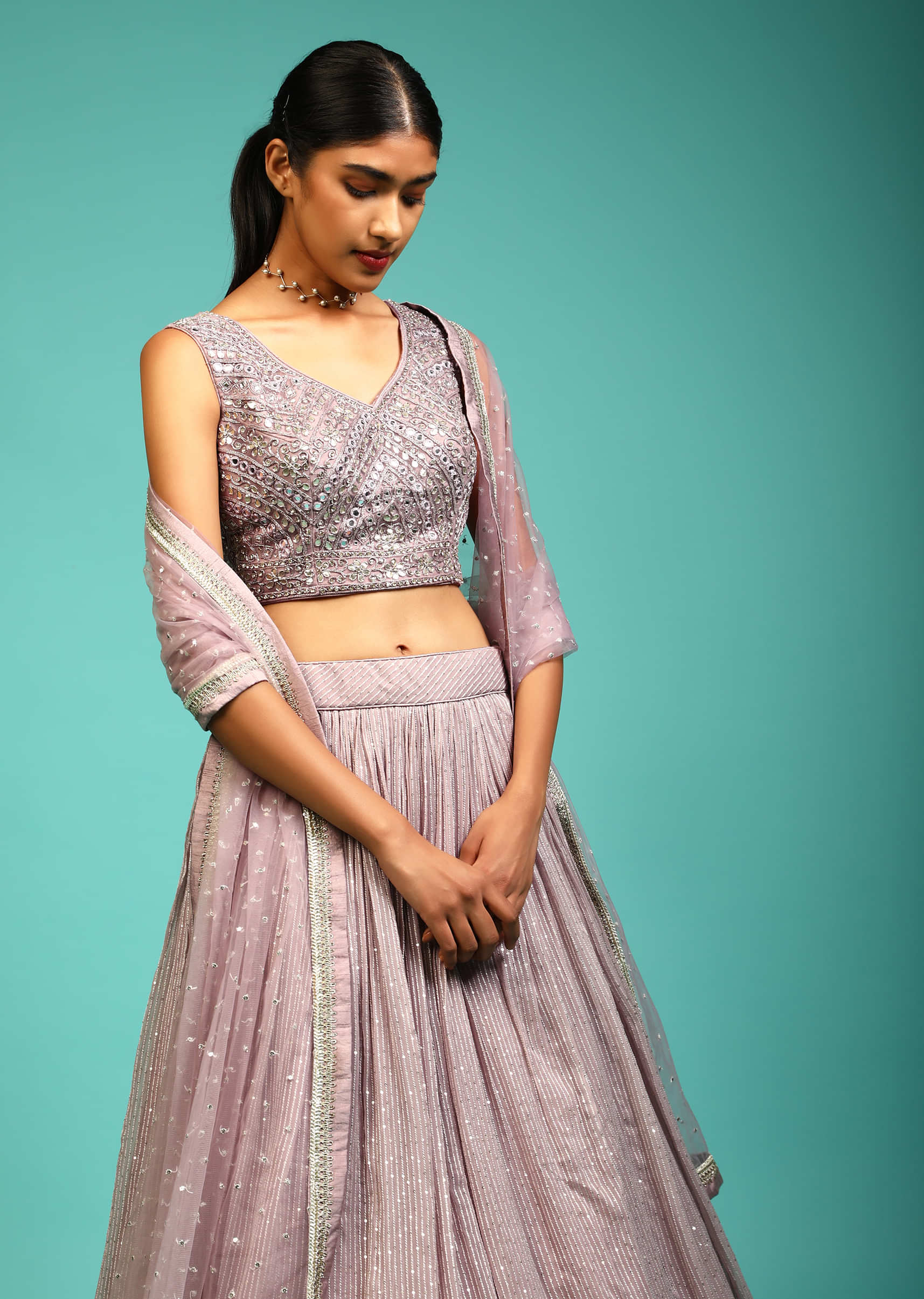 Mauve Lehenga With Sequin Embroidery And A Heavy Mirror Abla Embroidered Crop Top 