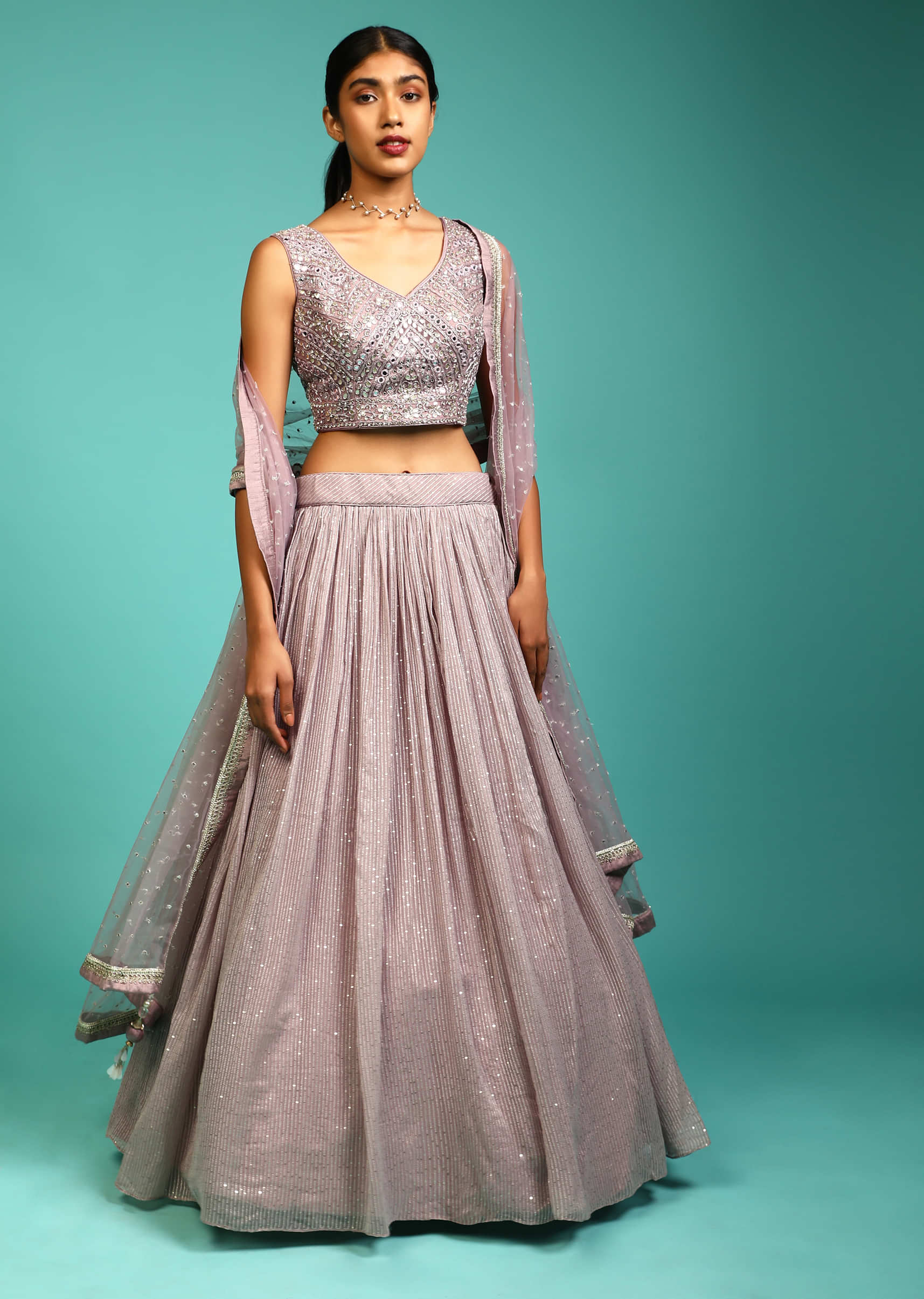 Mauve Lehenga With Sequin Embroidery And A Heavy Mirror Abla Embroidered Crop Top 
