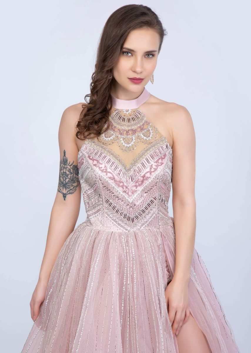 Sana Khan in Kalki mauve pink body suit style embroidered flared net gown with side slit